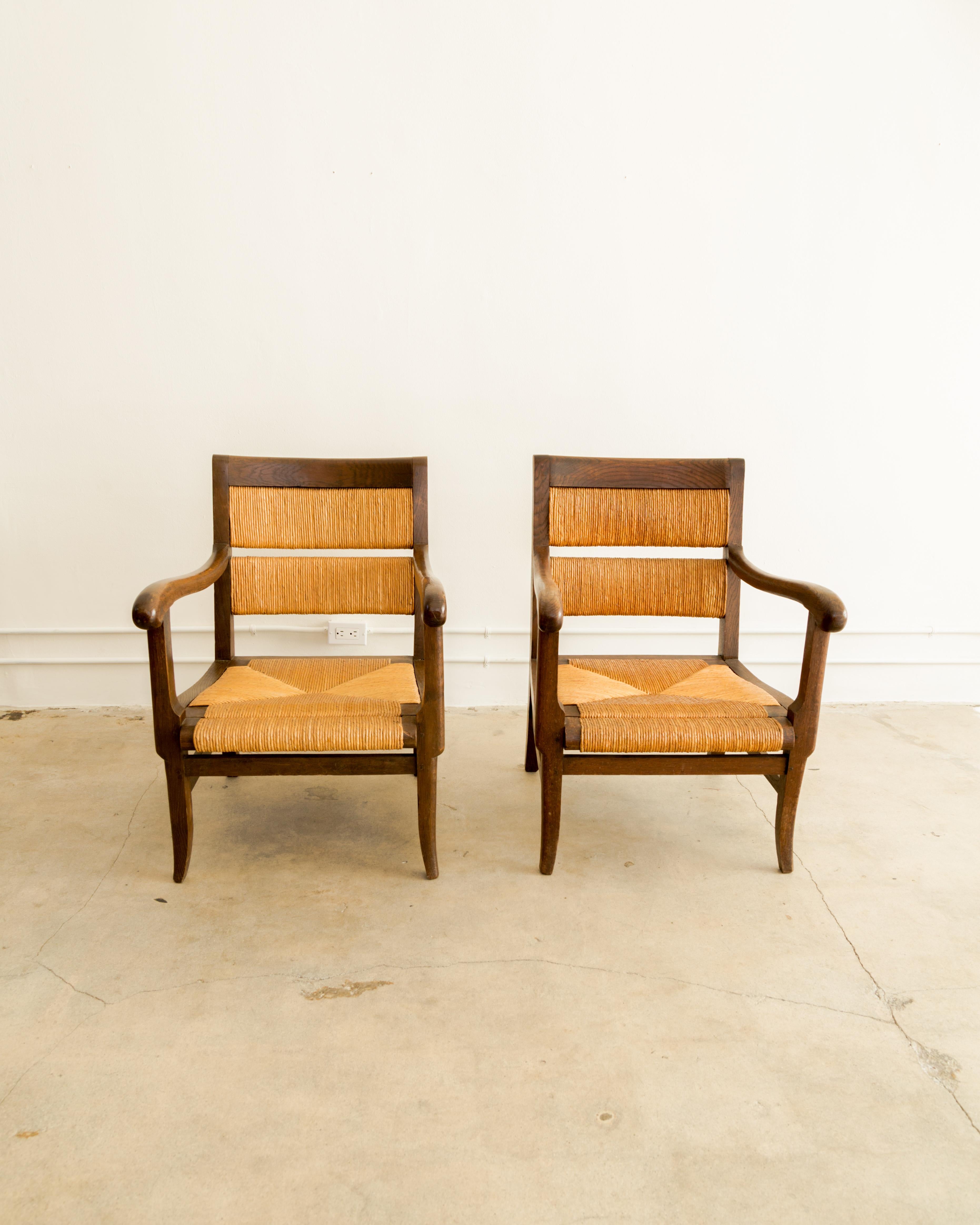 French Oak + Rush Armchairs For Sale 3