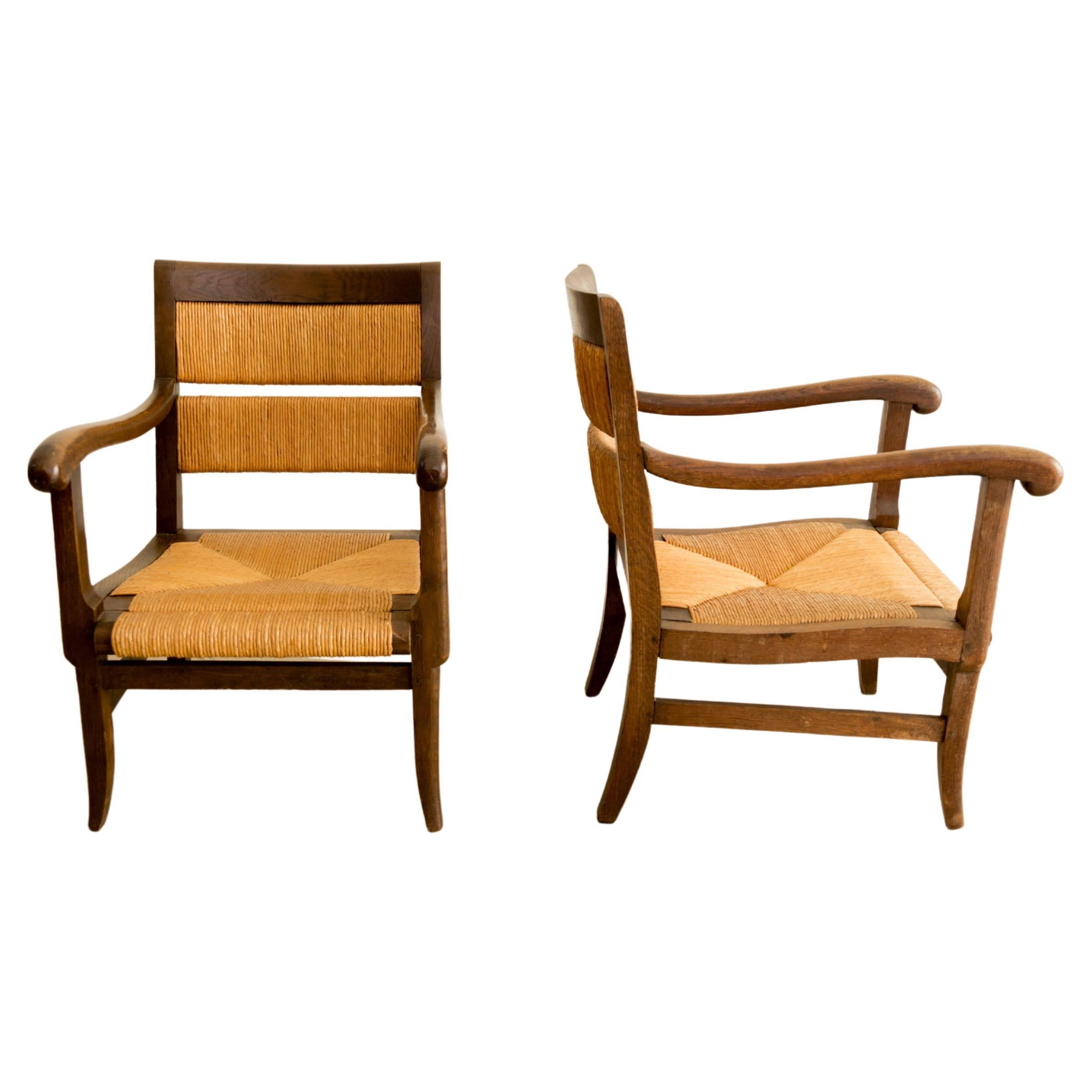 French Oak + Rush Armchairs For Sale