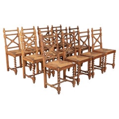 French Oak Rush Seat Dining Chairs, Set of 12 