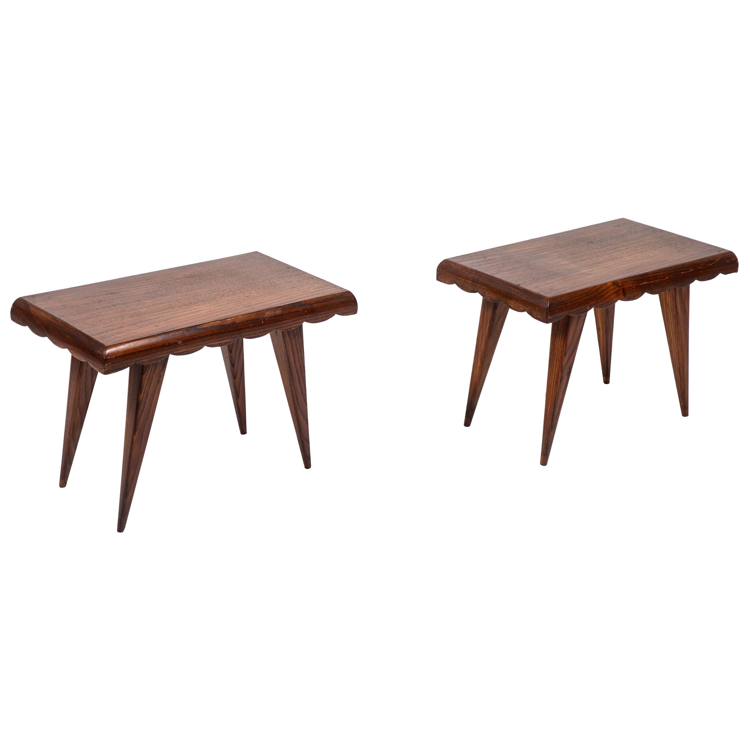 French Oak Scalloped Low Side Tables with Tapered Legs