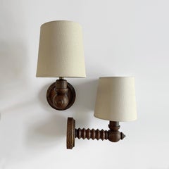 French Oak Sconces by Charles Dudouyt, Handcrafted, Circa 1940s - Rewired for US