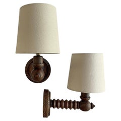 French Oak Sconces by Charles Dudouyt, Handcrafted, Circa 1940s - Rewired for US
