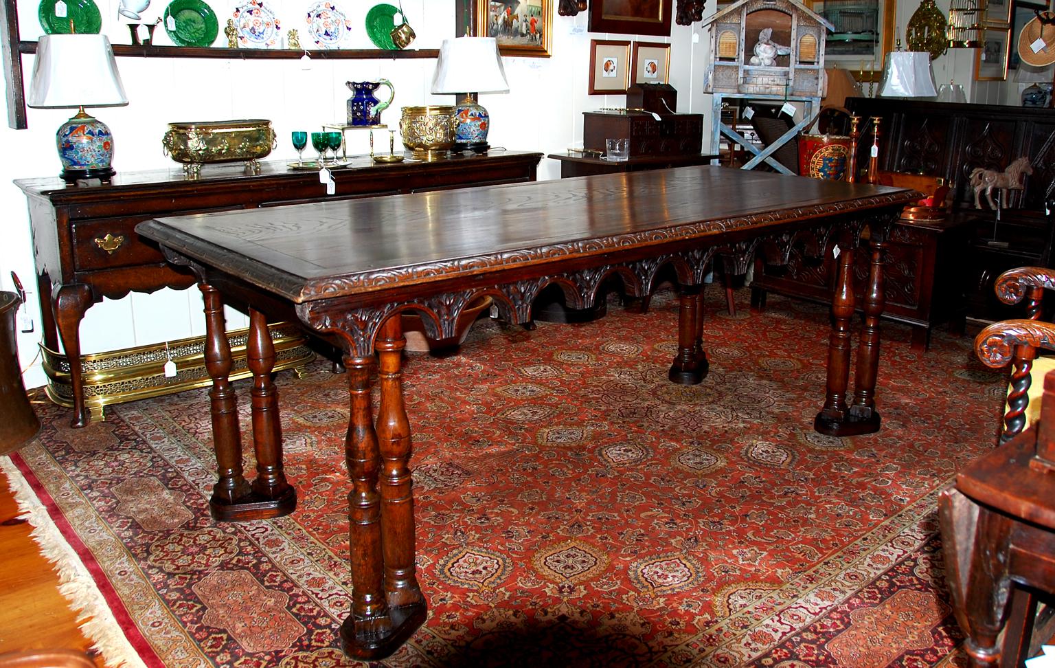 French oak seven foot long dining table constructed from 17th century altar rail and balusters. We had this 17th century altar rail for many years and expected to use it on our balcony, but never got around to doing that. It was such a wonderful