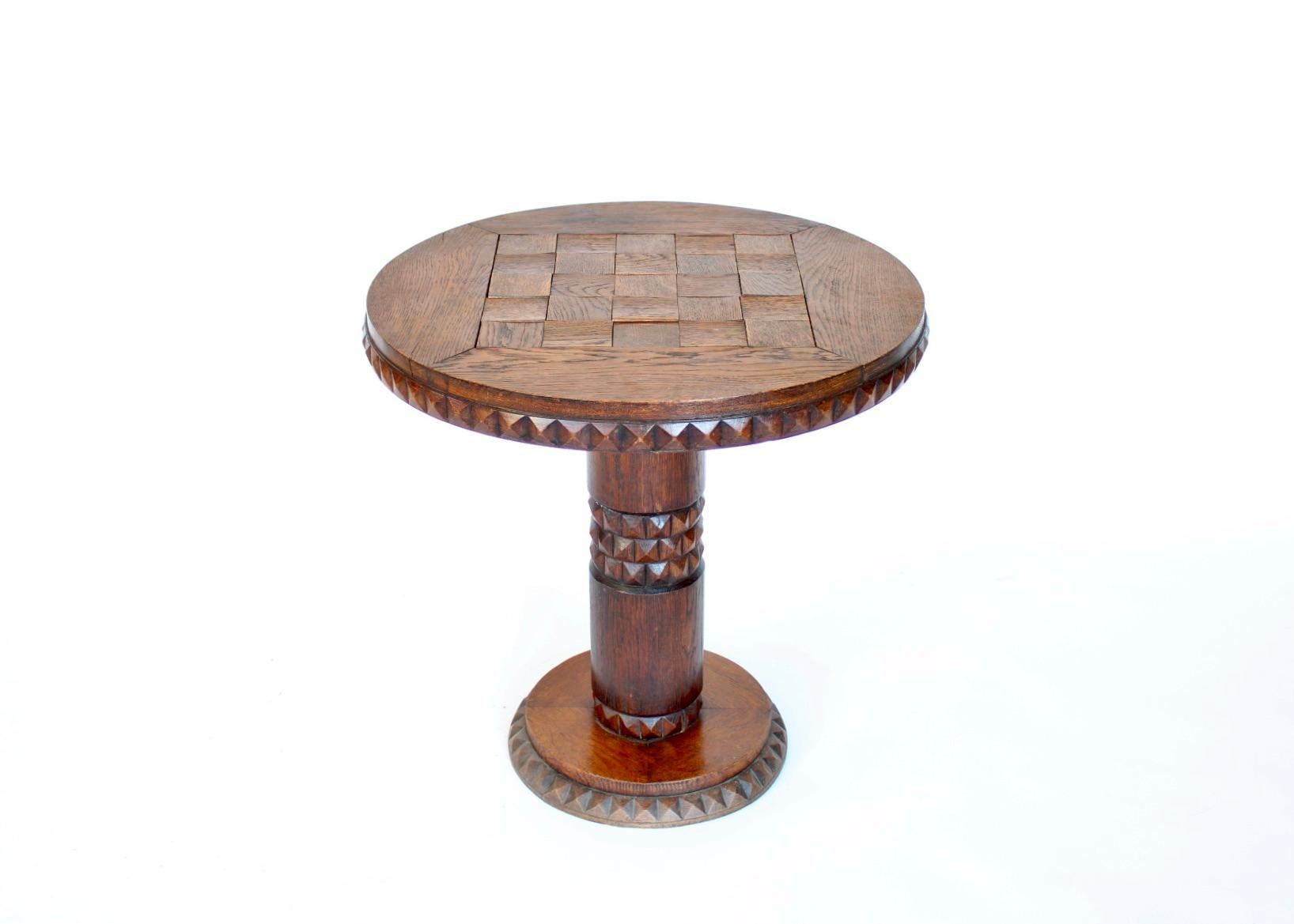 Hand-Carved French Oak Side Carved Table Art Deco Africanist Influence Attributed to Dudouyt For Sale