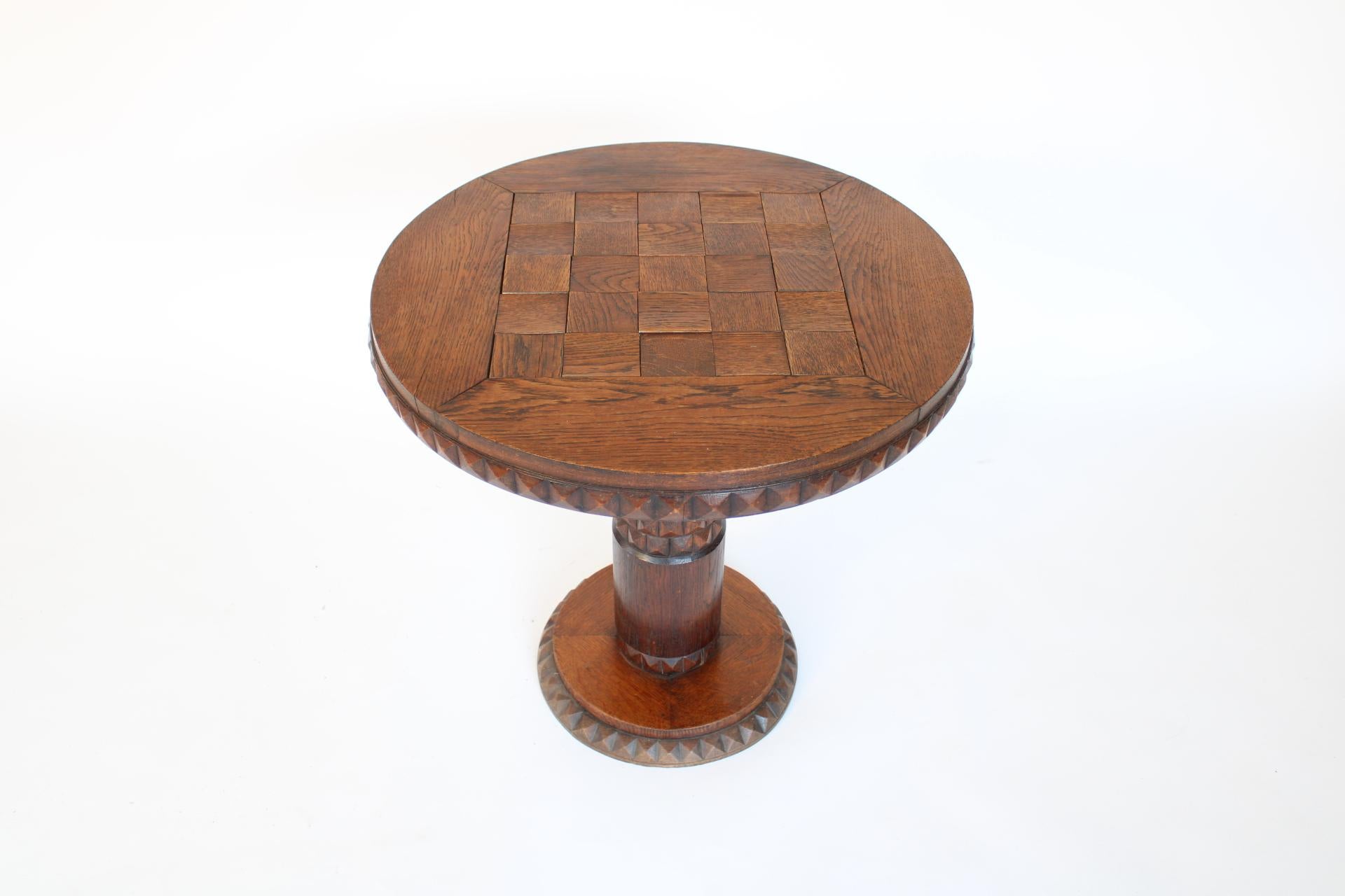 Mid-20th Century French Oak Side Carved Table Art Deco Africanist Influence Attributed to Dudouyt For Sale