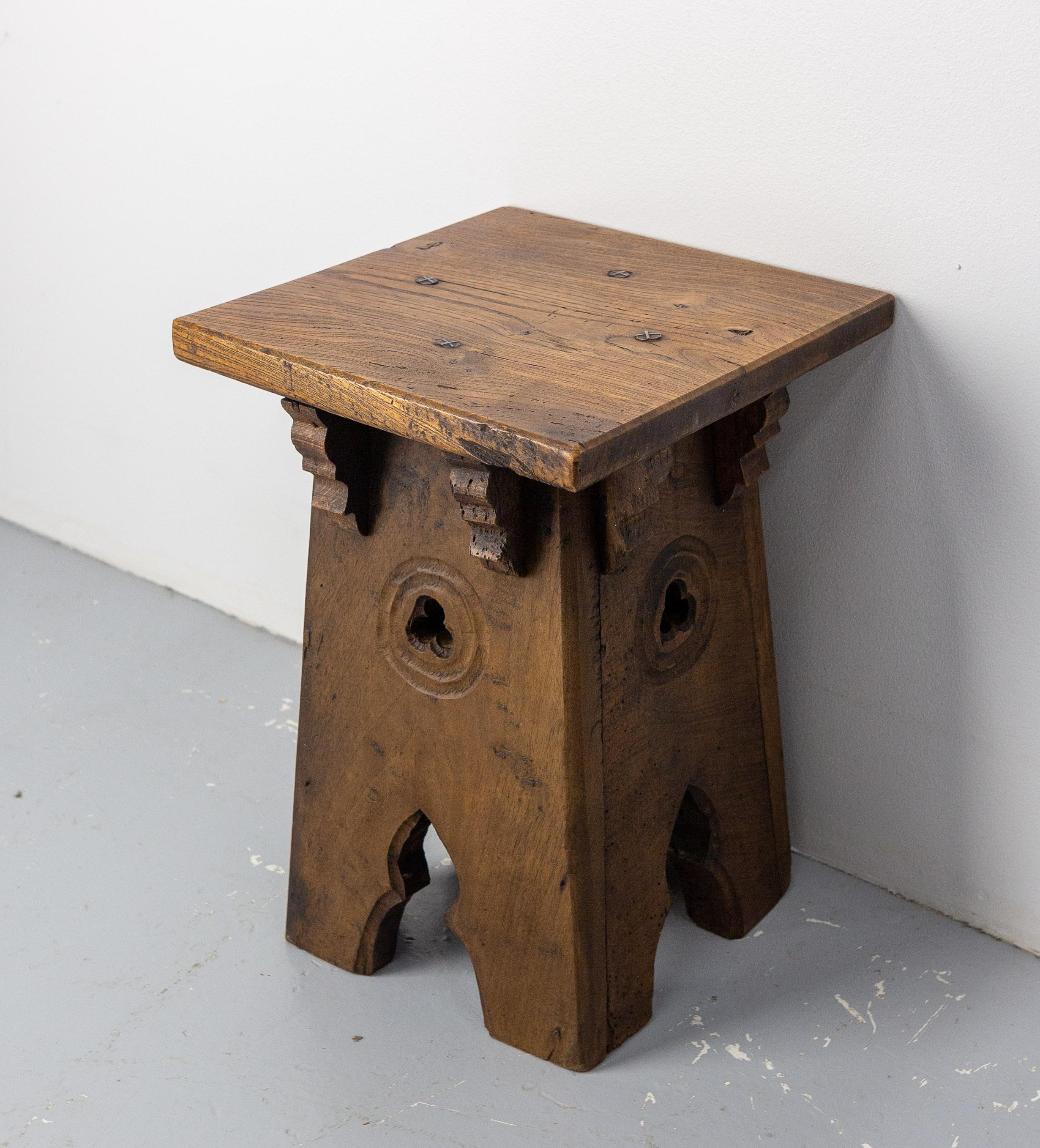 Gothic Revival French Oak Side Stool Neo Gothic Style, circa 1920