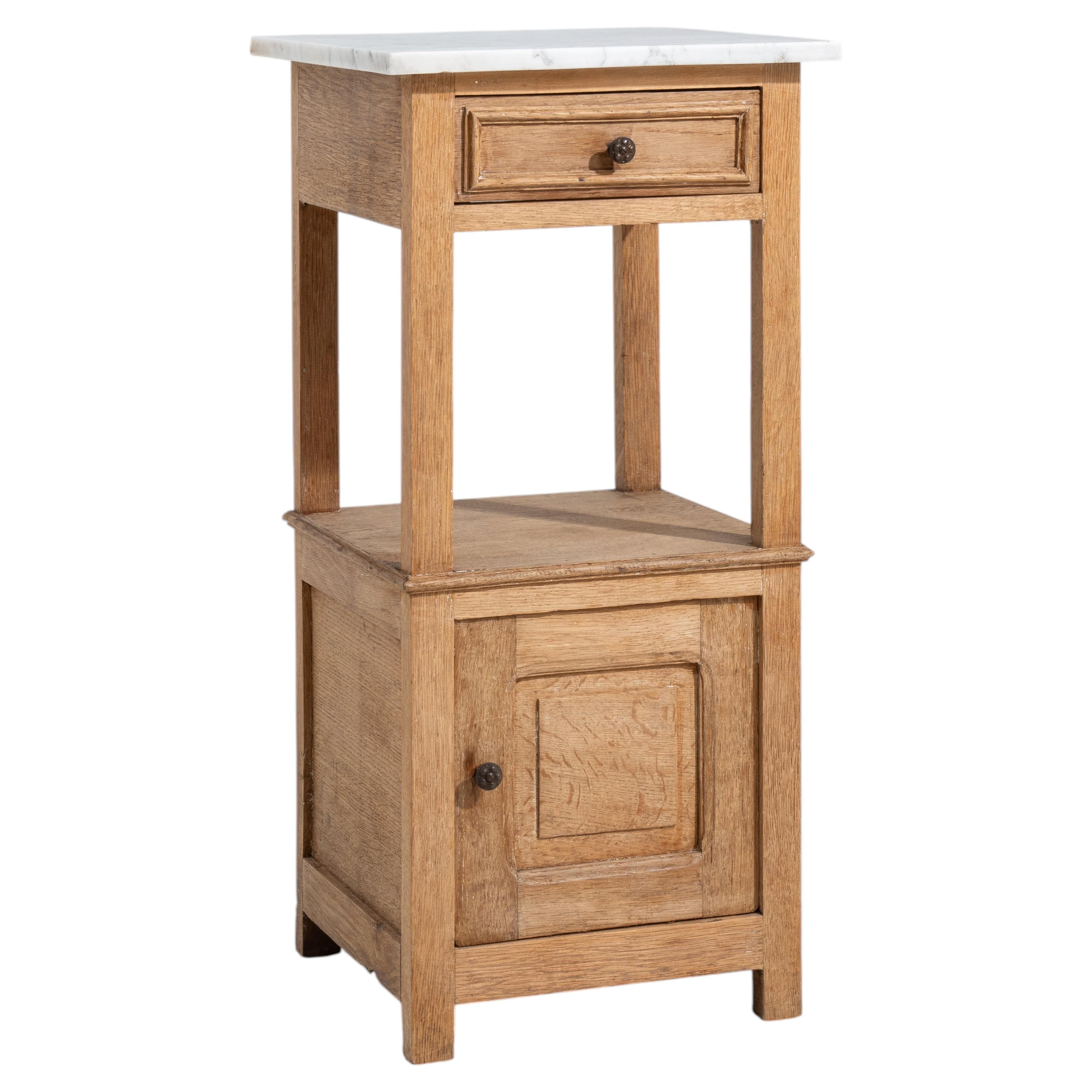 French Oak Side Table with Marble Top, Circa 1900, Compact Design