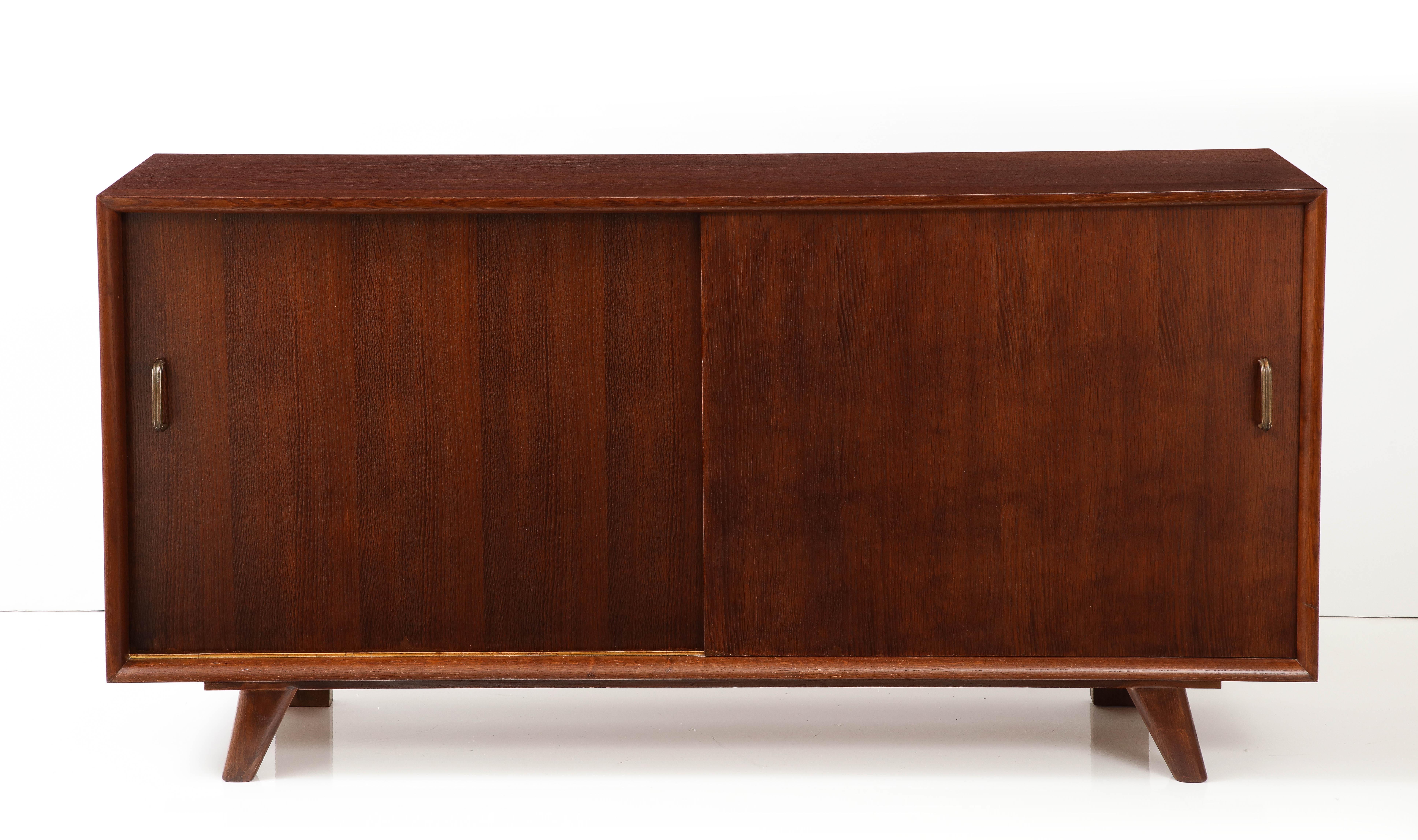 Mid-Century Modern French Oak Sideboard with Sliding Doors & Shelves, 1950's For Sale