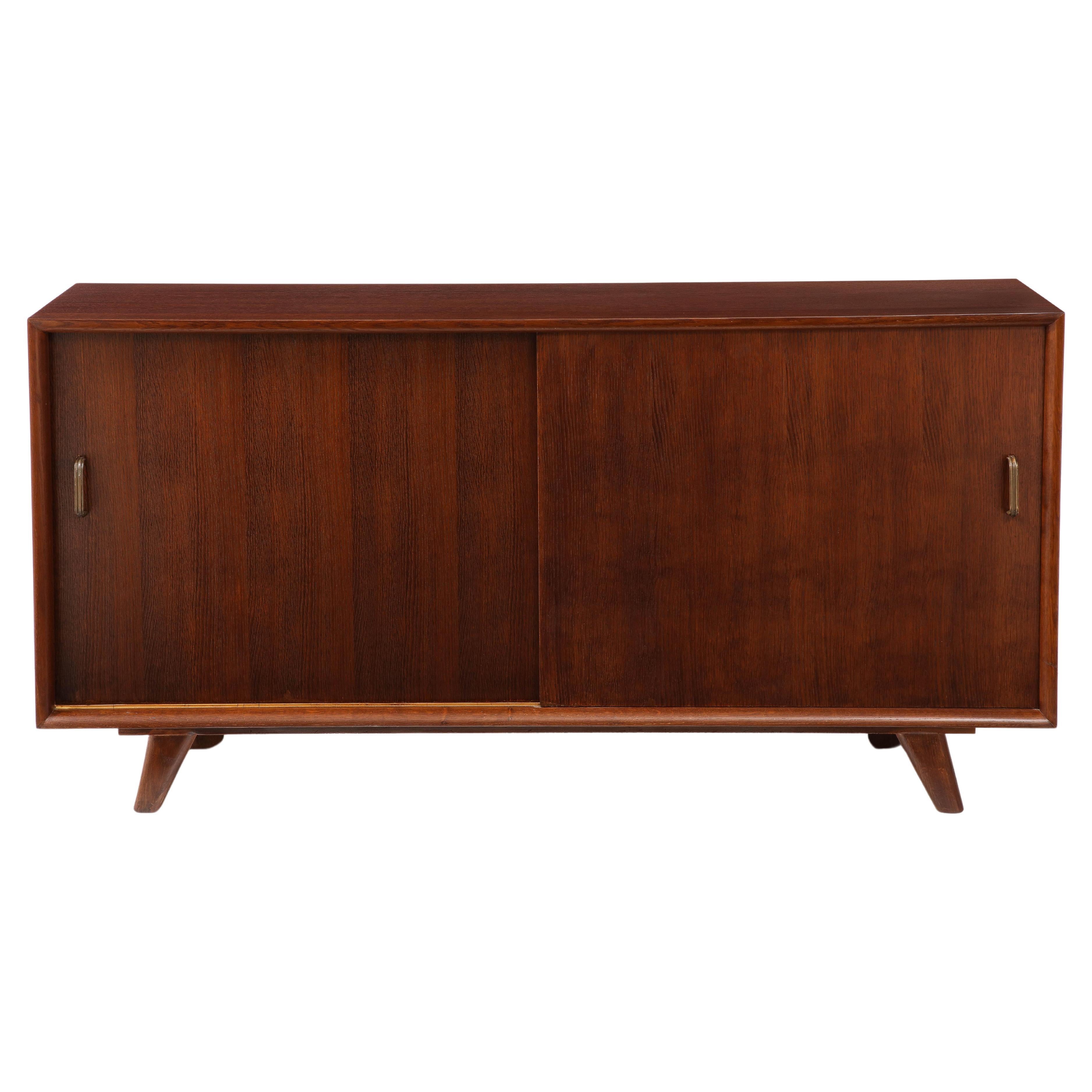 French Oak Sideboard with Sliding Doors & Shelves, 1950's For Sale