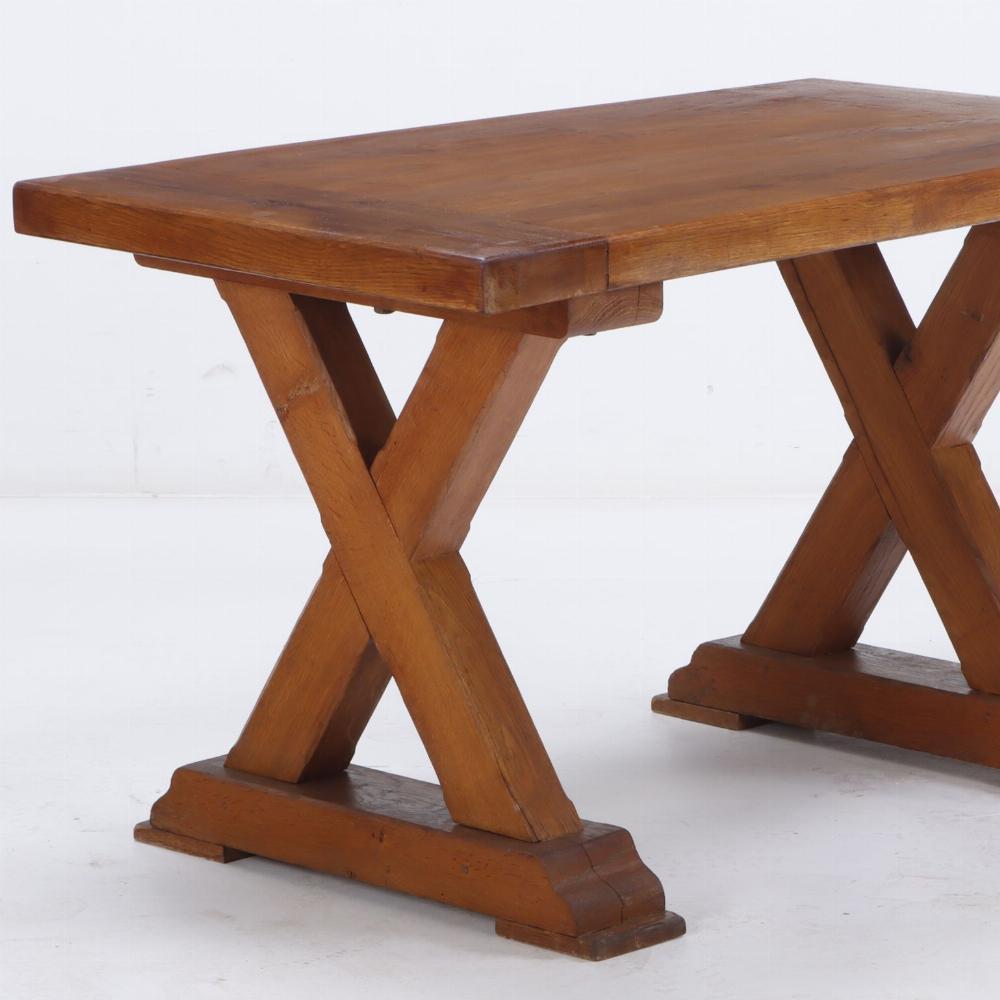 Francese Tavolo in lastre di Oak francese con base a X C. 1920. in vendita