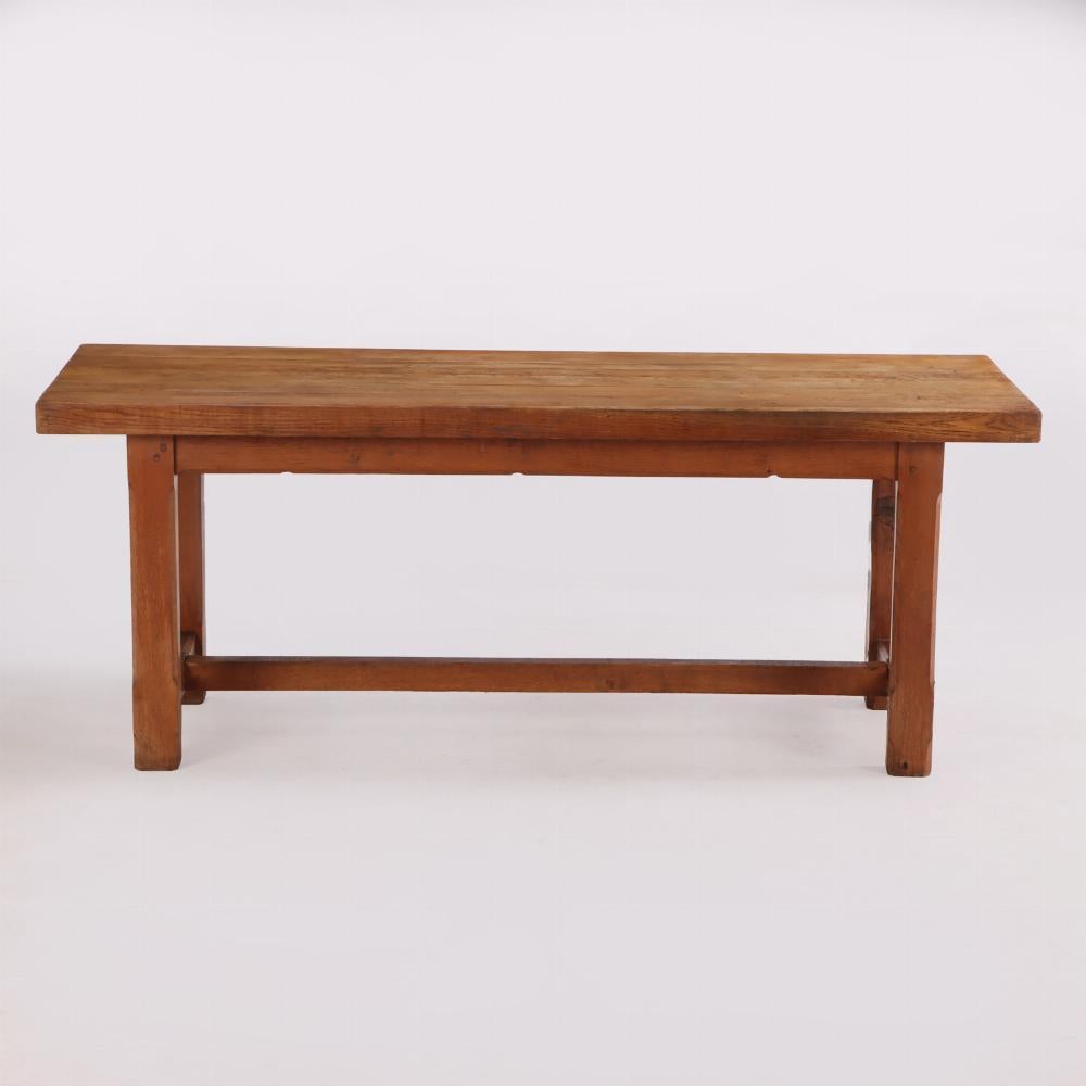 This warm H-stretcher table is solid oak with absolutely gorgeous color and patina. With an extra thick top, it won't be hurt even if your children stand on it! The top sits on a base with sturdy square chamfered legs united by end and center