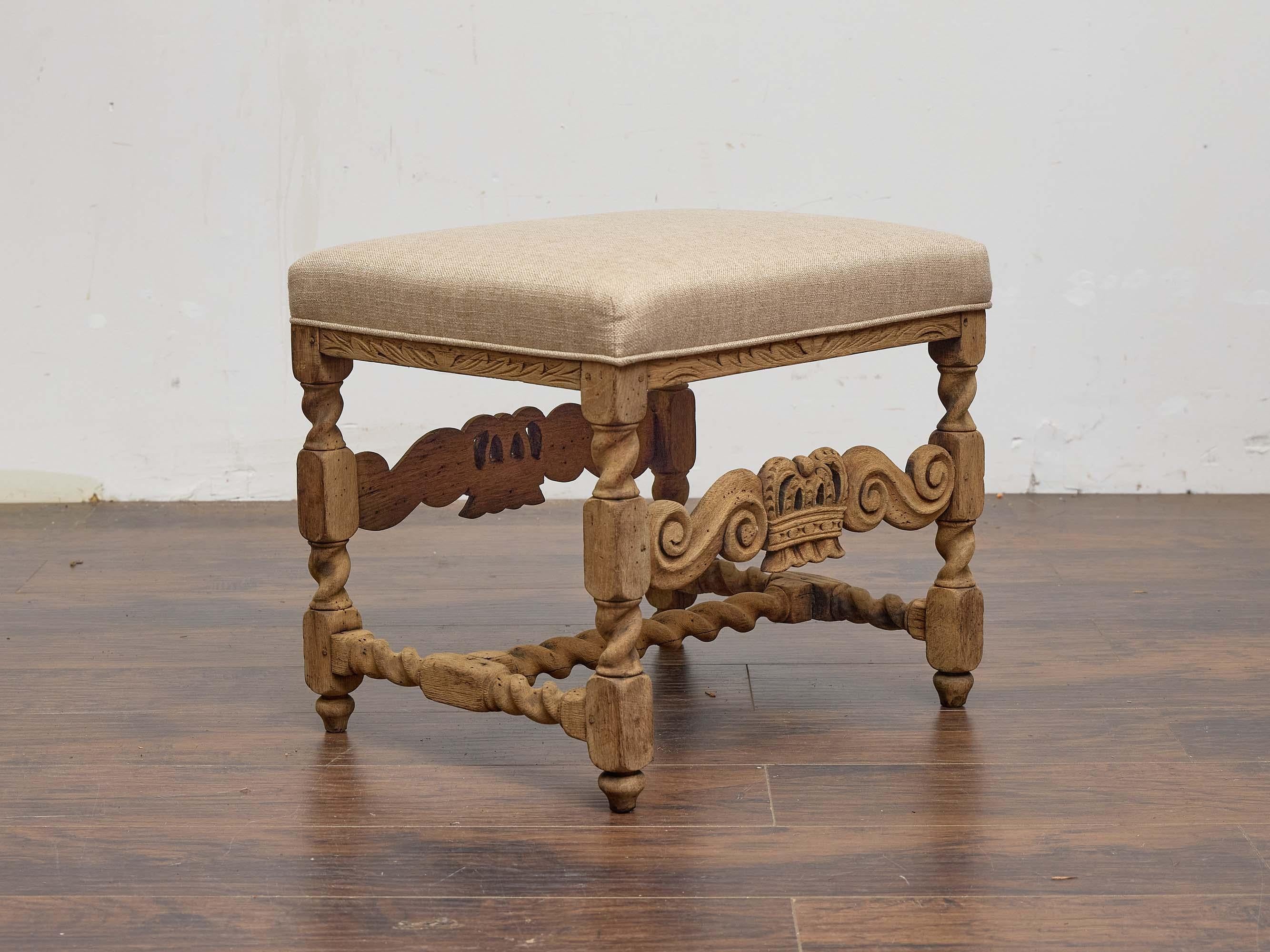 French Provincial French Oak Stool with Carved Crown Motif and Twisted Stretchers, 19th Century For Sale