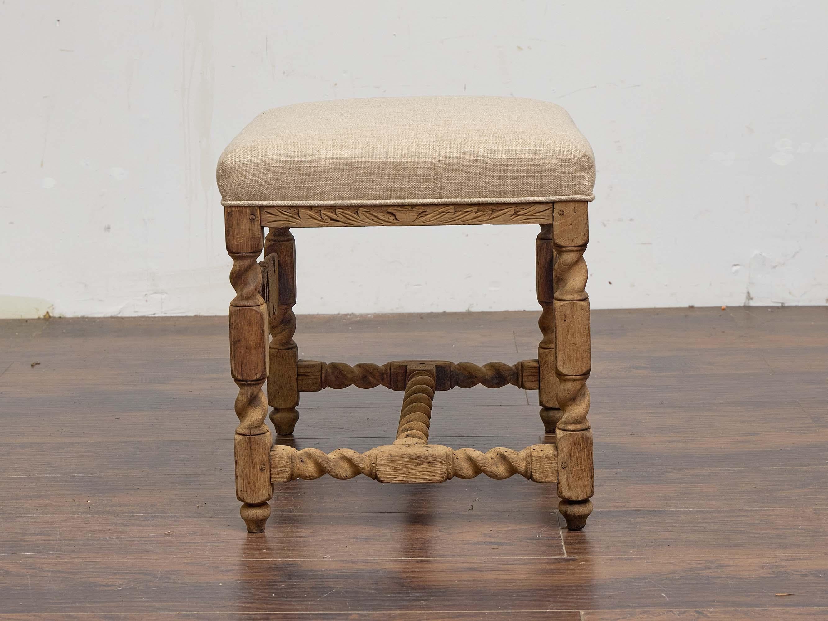 Bleached French Oak Stool with Carved Crown Motif and Twisted Stretchers, 19th Century For Sale