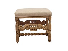 French Oak Stool with Carved Crown Motif and Twisted Stretchers, 19th Century