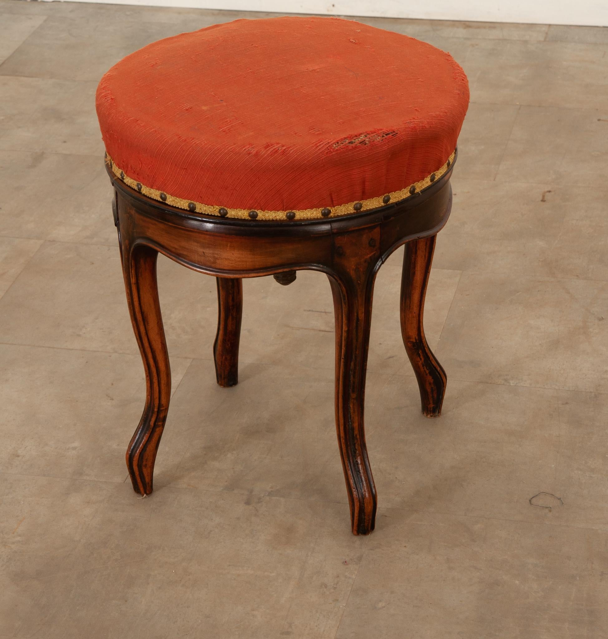 Fabric French Oak Swivel Piano Stool For Sale
