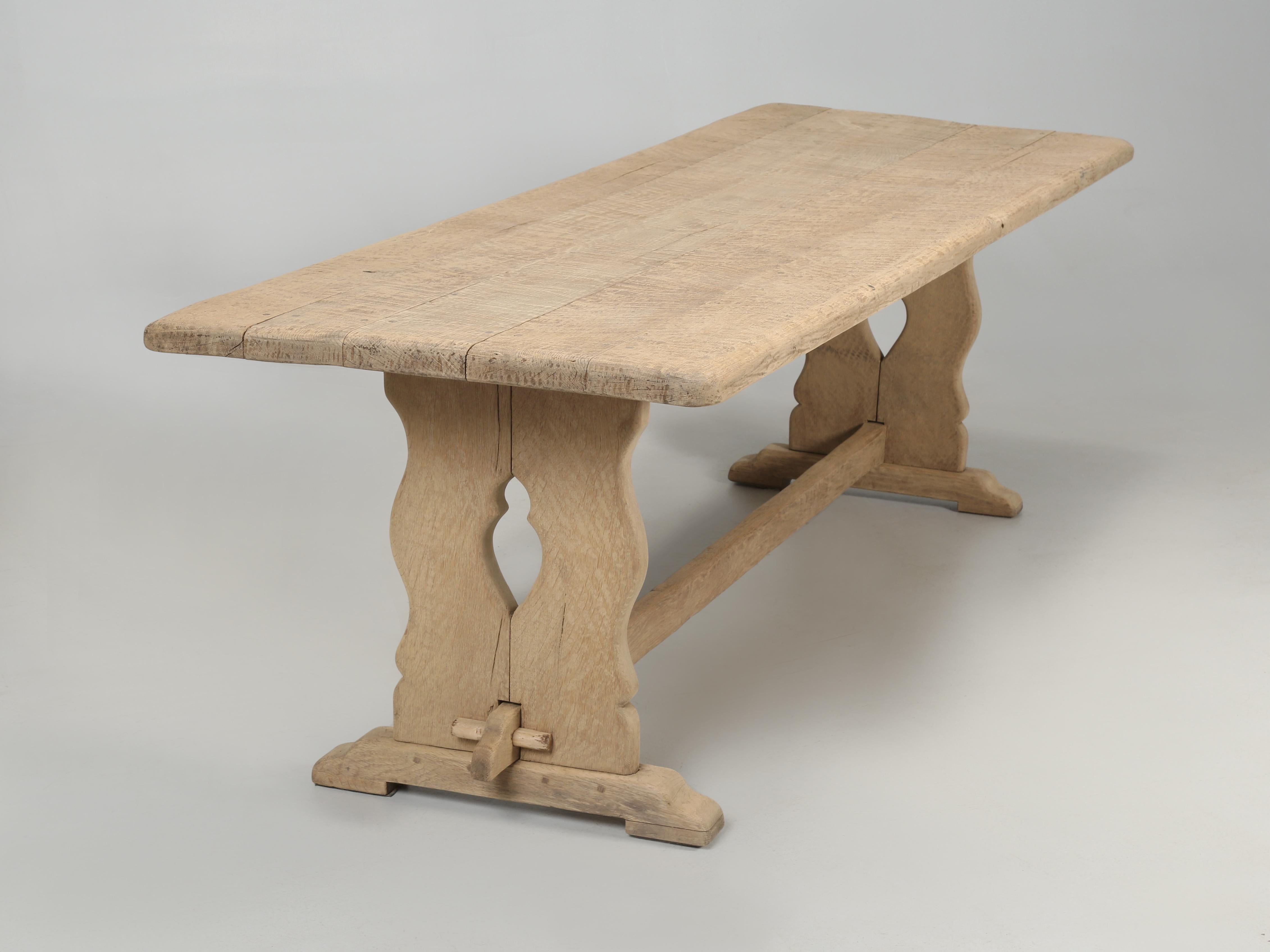 French Oak Trestle Farm Table with Unusual Cross-Hatch Scrub Textured Finish  6
