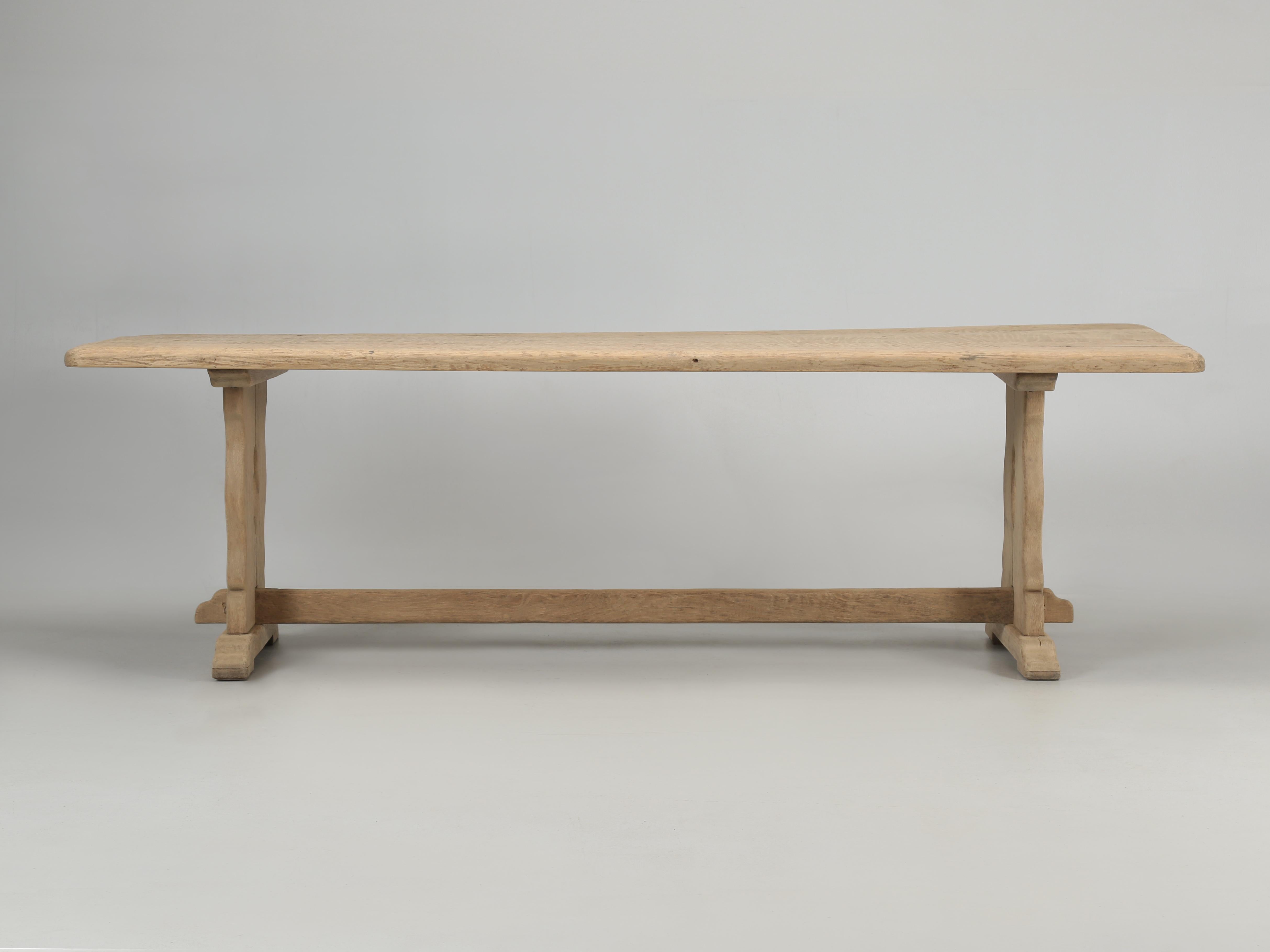 Wood French Oak Trestle Farm Table with Unusual Cross-Hatch Scrub Textured Finish 