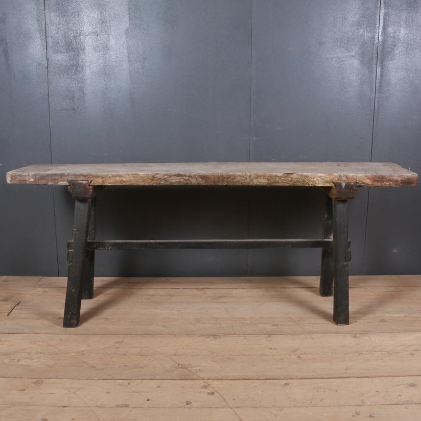 19th century French painted trestle table with a bleached oak top, 1820

Depth of the top 16.5
