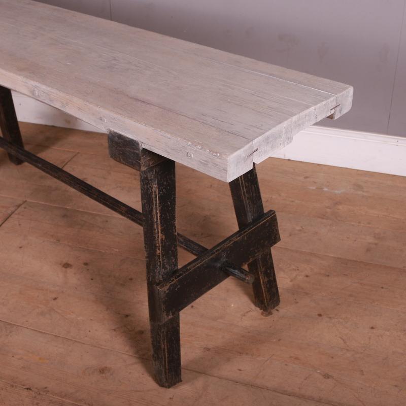 Good French rustic scrubbed oak and painted trestle table. 1870.

Top depth is 19