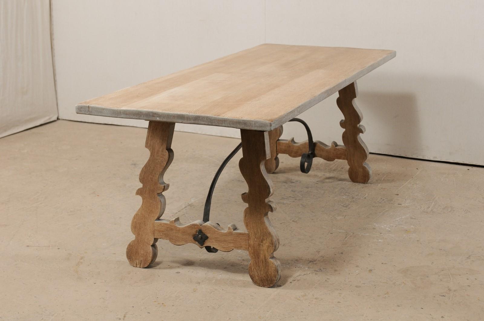 French Oak Trestle Table with Iron Stretcher, Mid-20th Century 5
