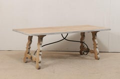 French Oak Trestle Table with Iron Stretcher, Mid-20th Century