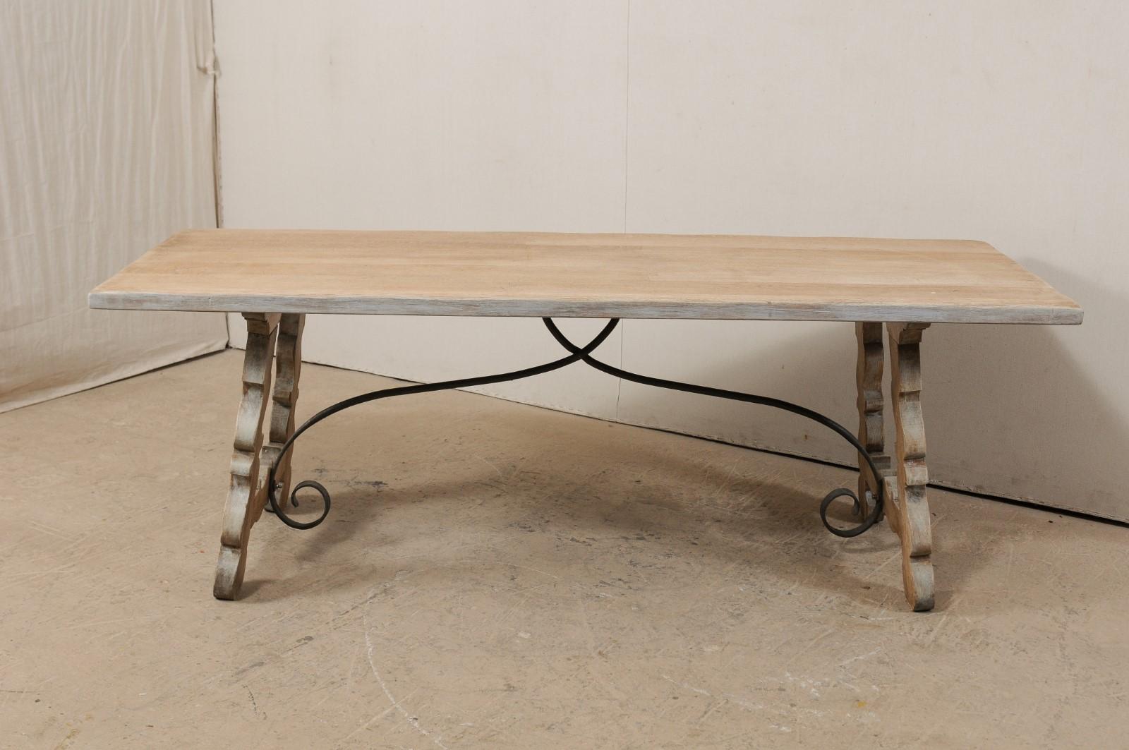 Carved French Oak Trestle Table with Iron Stretcher, Mid-20th Century