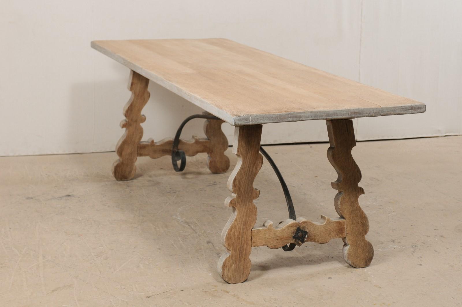 French Oak Trestle Table with Iron Stretcher, Mid-20th Century 3