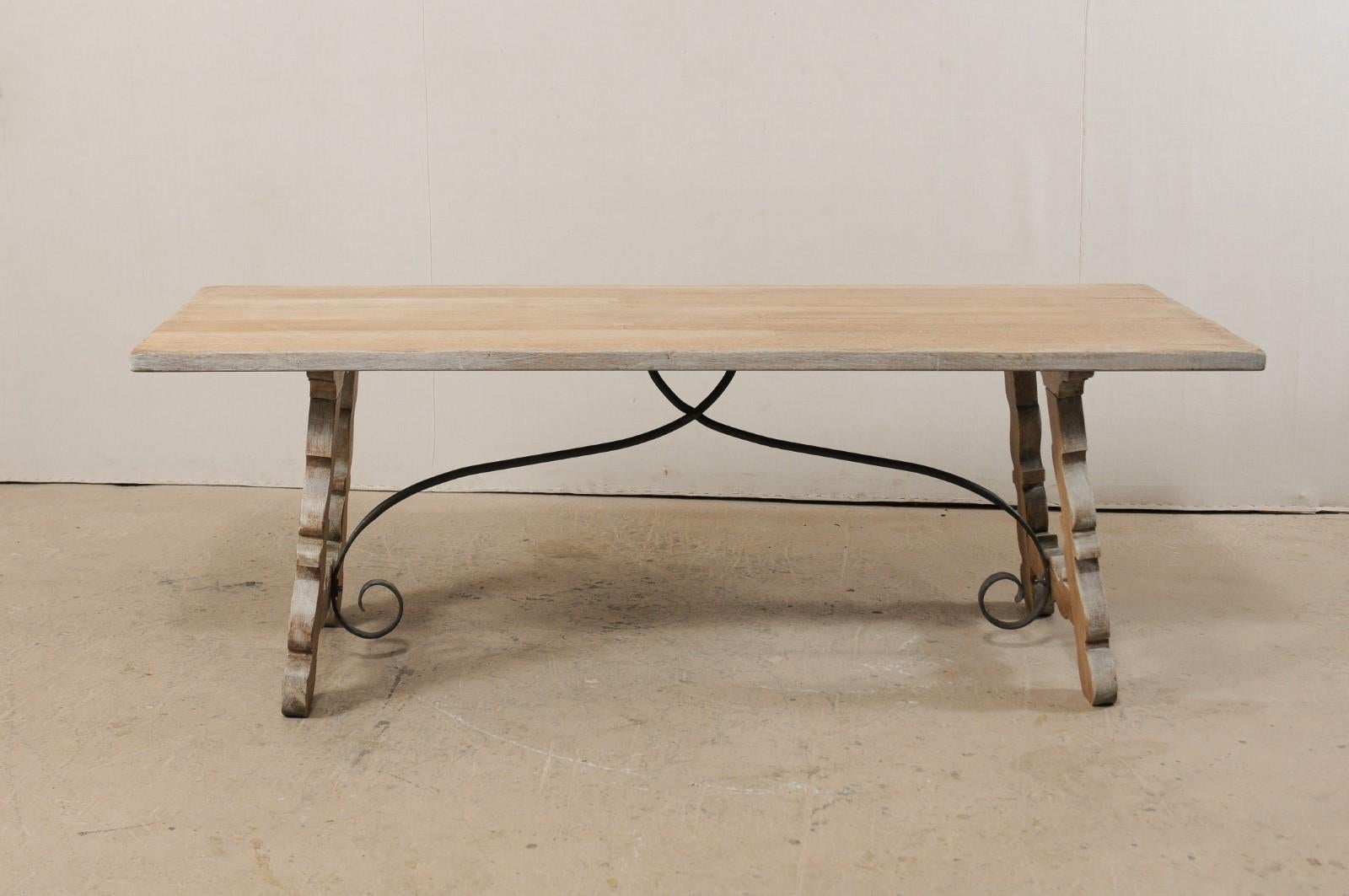 French Oak Trestle Table with Iron Stretcher, Mid-20th Century 4