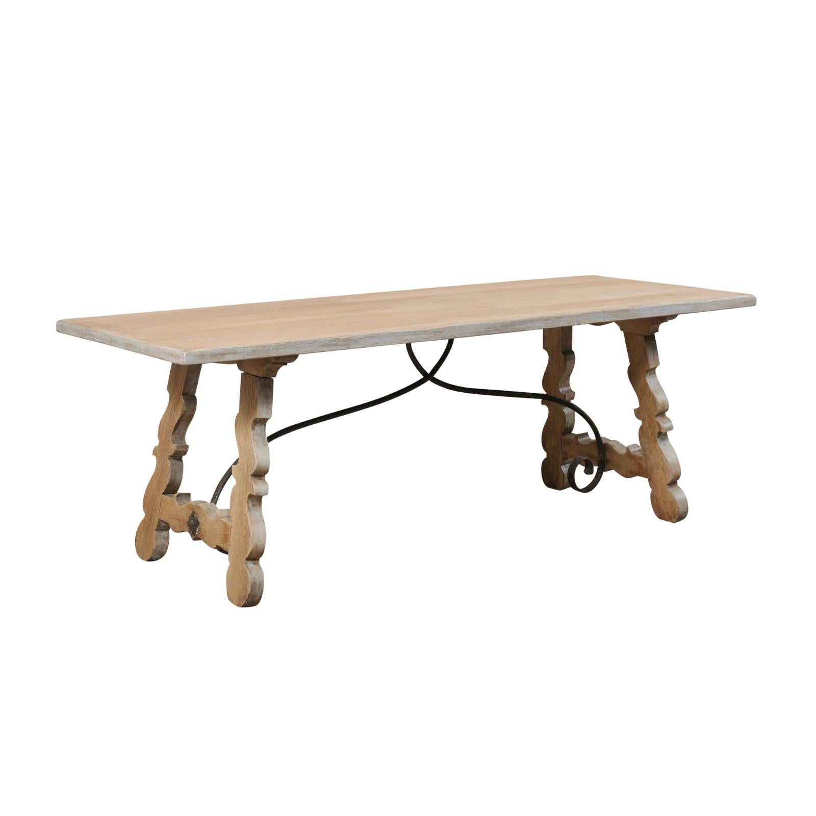 French Oak Trestle Table with Iron Stretcher, Mid-20th Century