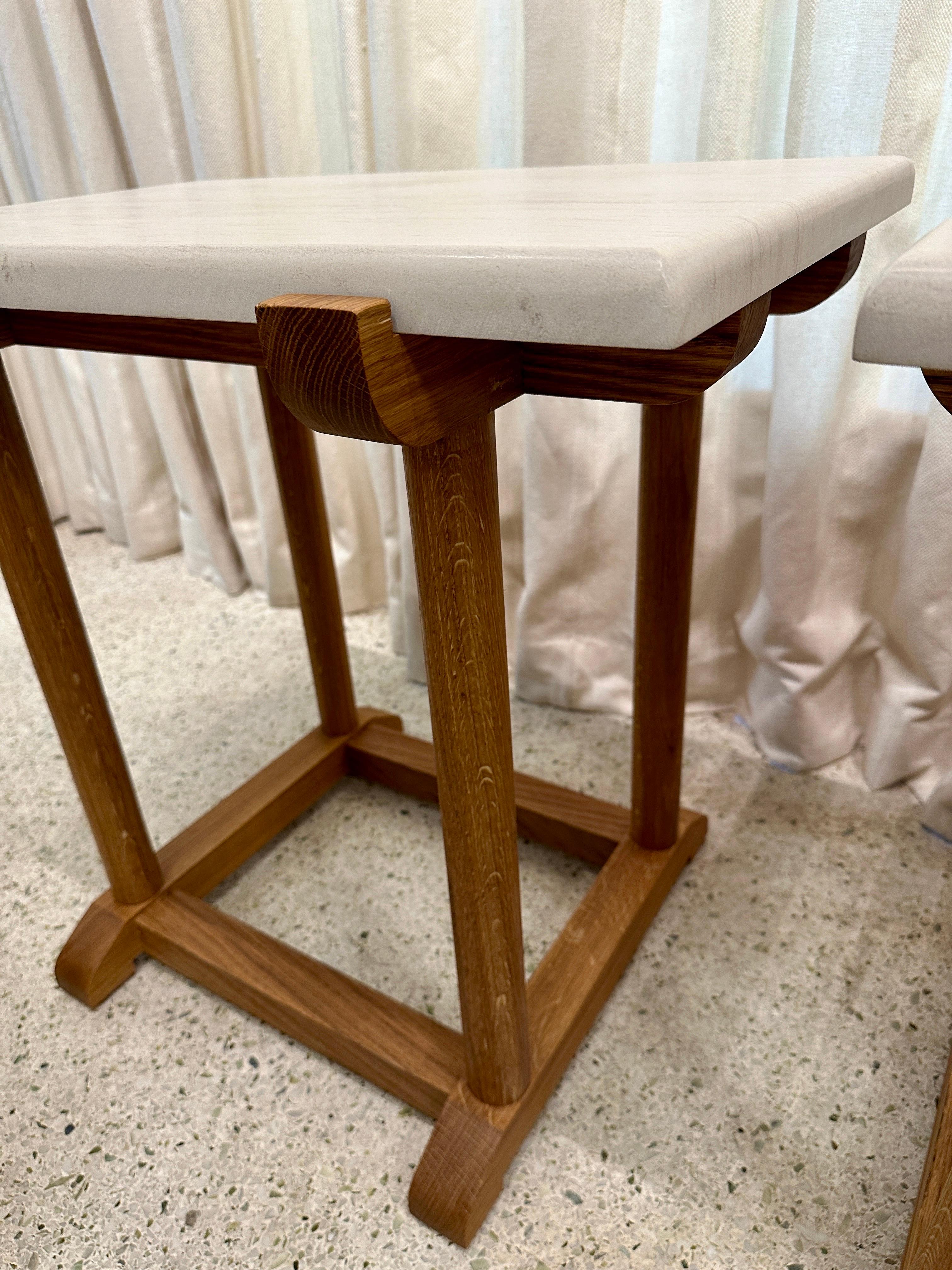 These are custom made and designed exclusively for Gustavo Olivieri Antiques.  A thick neutral marble plateau sits atop these exquisite turned oak bases.  Take a look at the details that make these tall side tables so great!