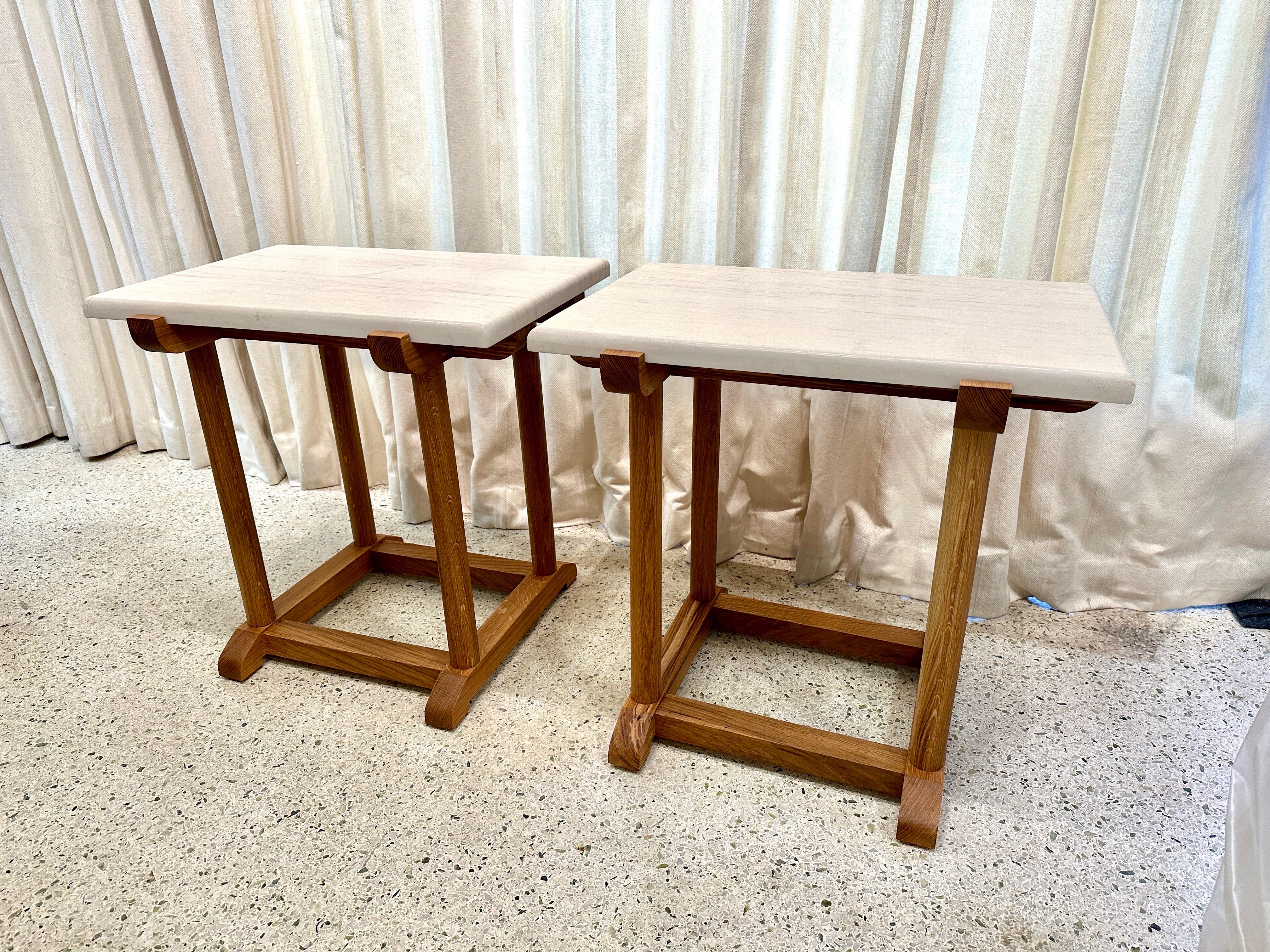 Scandinavian Modern French Oak Turned Wood Side-tables with Honed Marble Slab, Pair
