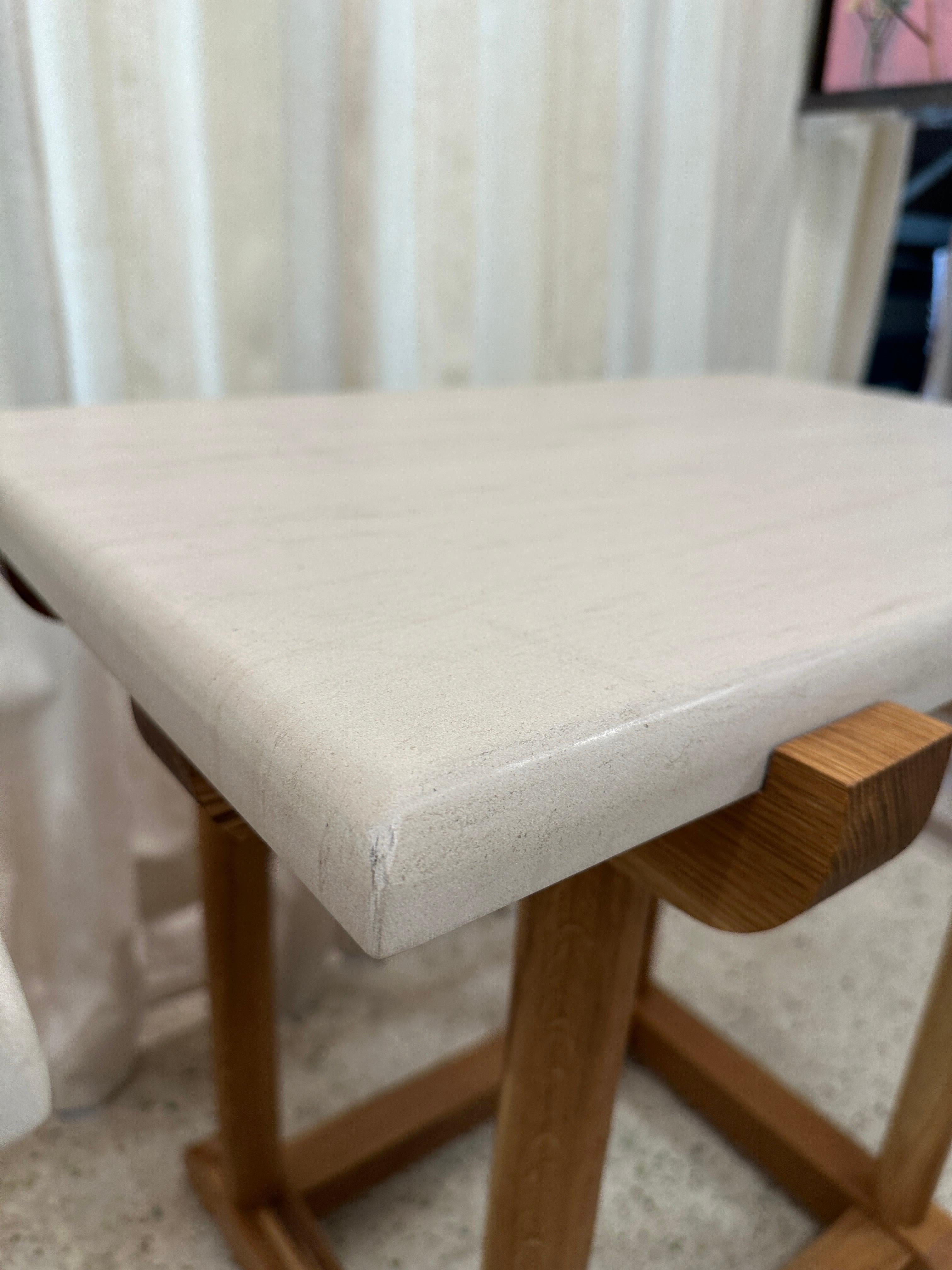 French Oak Turned Wood Side-tables with Honed Marble Slab, Pair In Good Condition In North Miami, FL