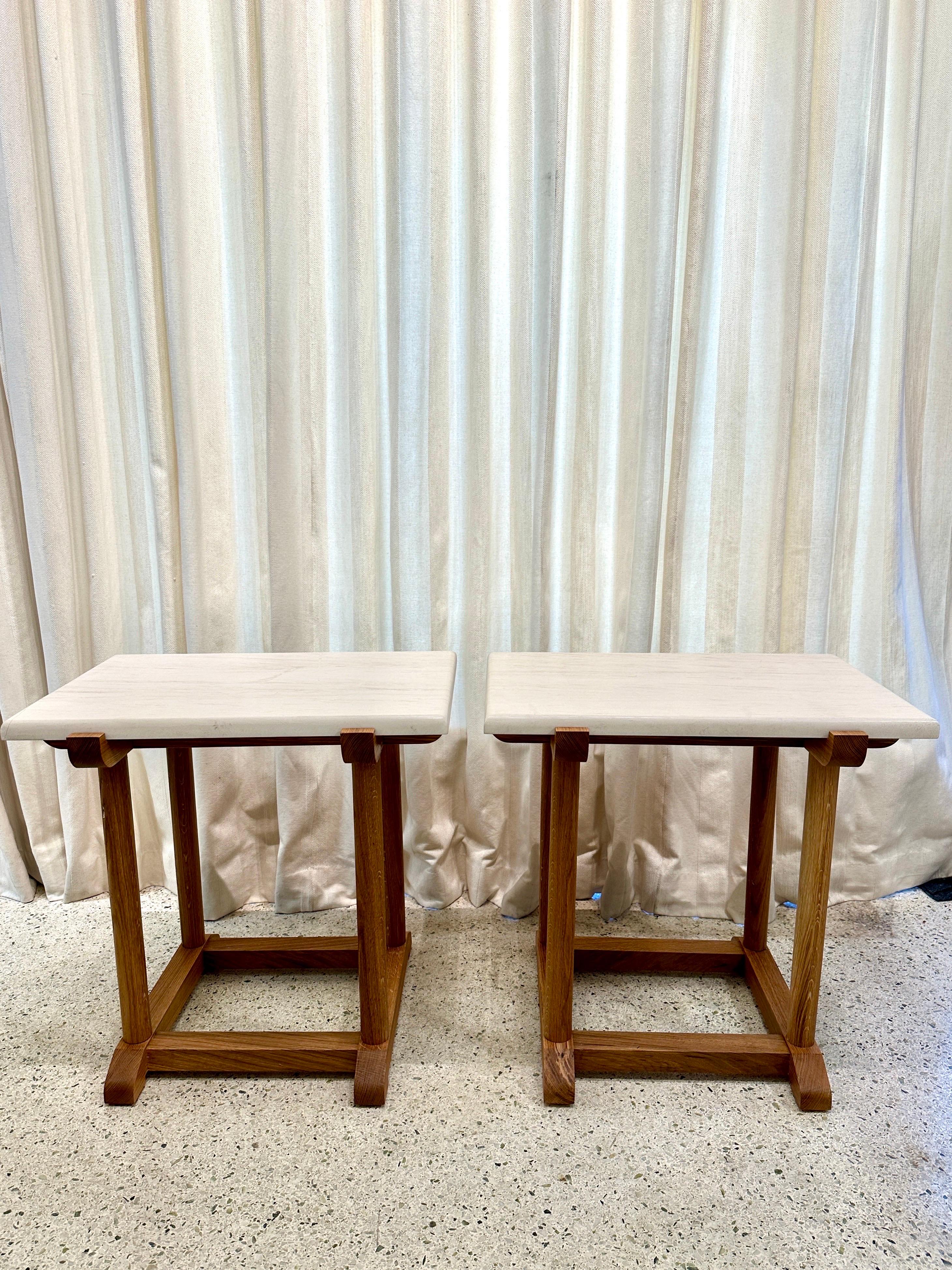 Contemporary French Oak Turned Wood Side-tables with Honed Marble Slab, Pair