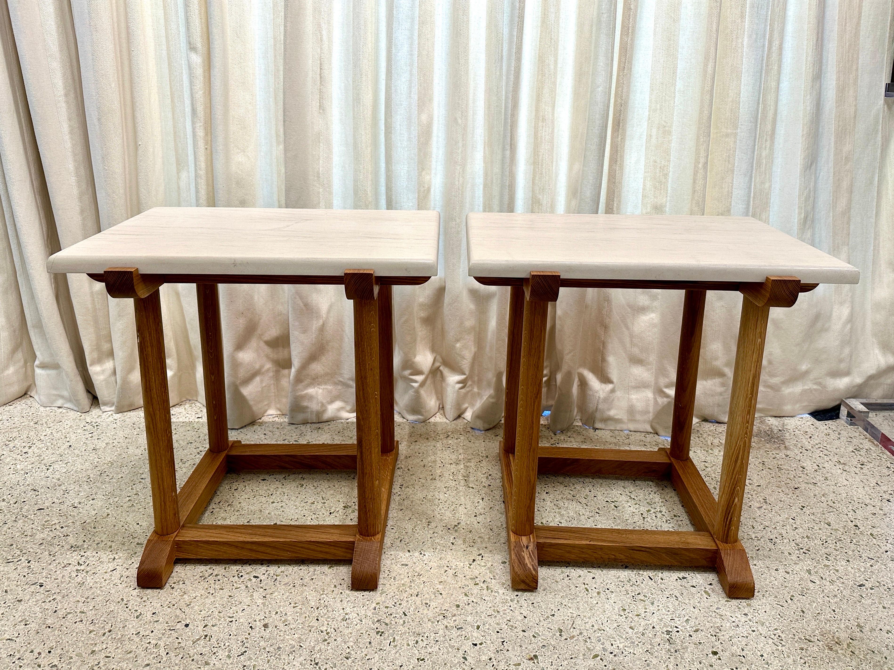 French Oak Turned Wood Side-tables with Honed Marble Slab, Pair 3
