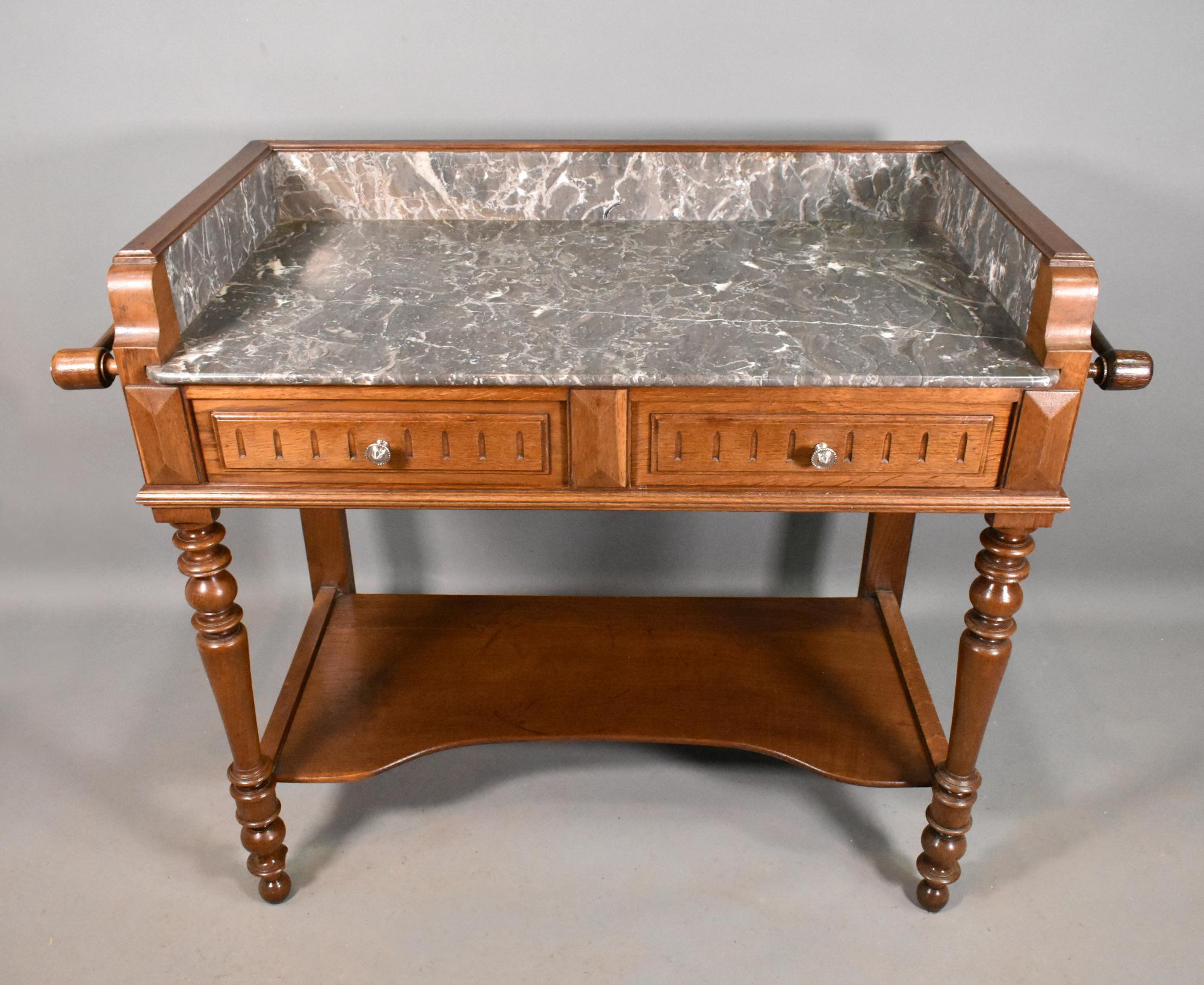 Poli Meuble de toilette en chêne français avec plateau en marbre gris de style Henri II
