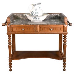 Antique French Oak Washstand with Grey Marble Top Henri II Style