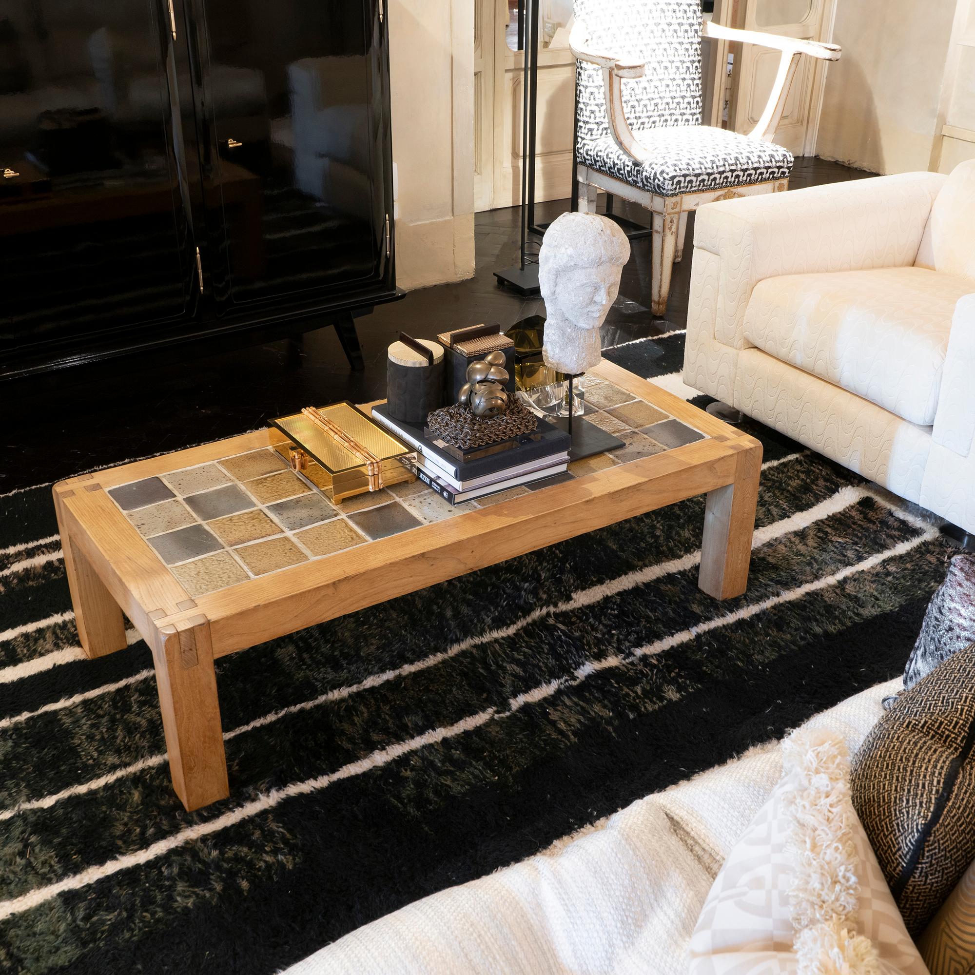 French Oak Wood and Multicolor Ceramic Tiles Coffee Table, 1960's Circa 7