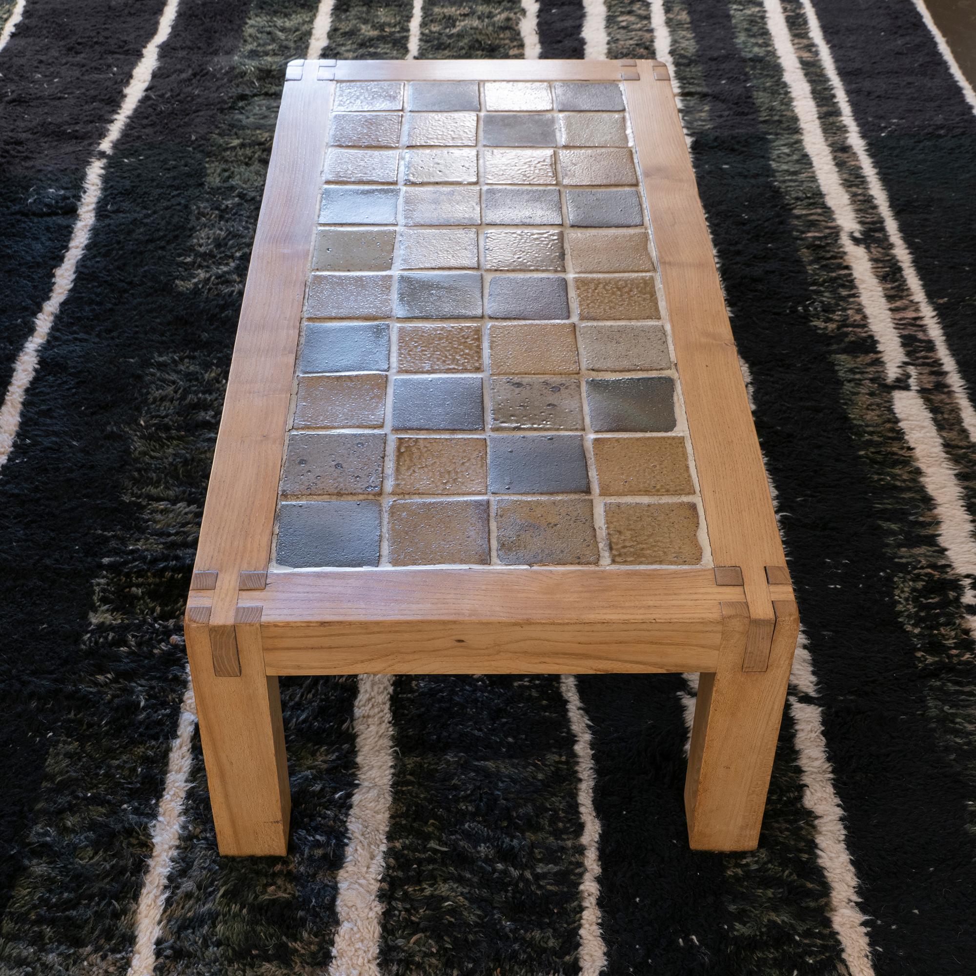 French Oak Wood and Multicolor Ceramic Tiles Coffee Table, 1960's Circa In Good Condition In Firenze, IT