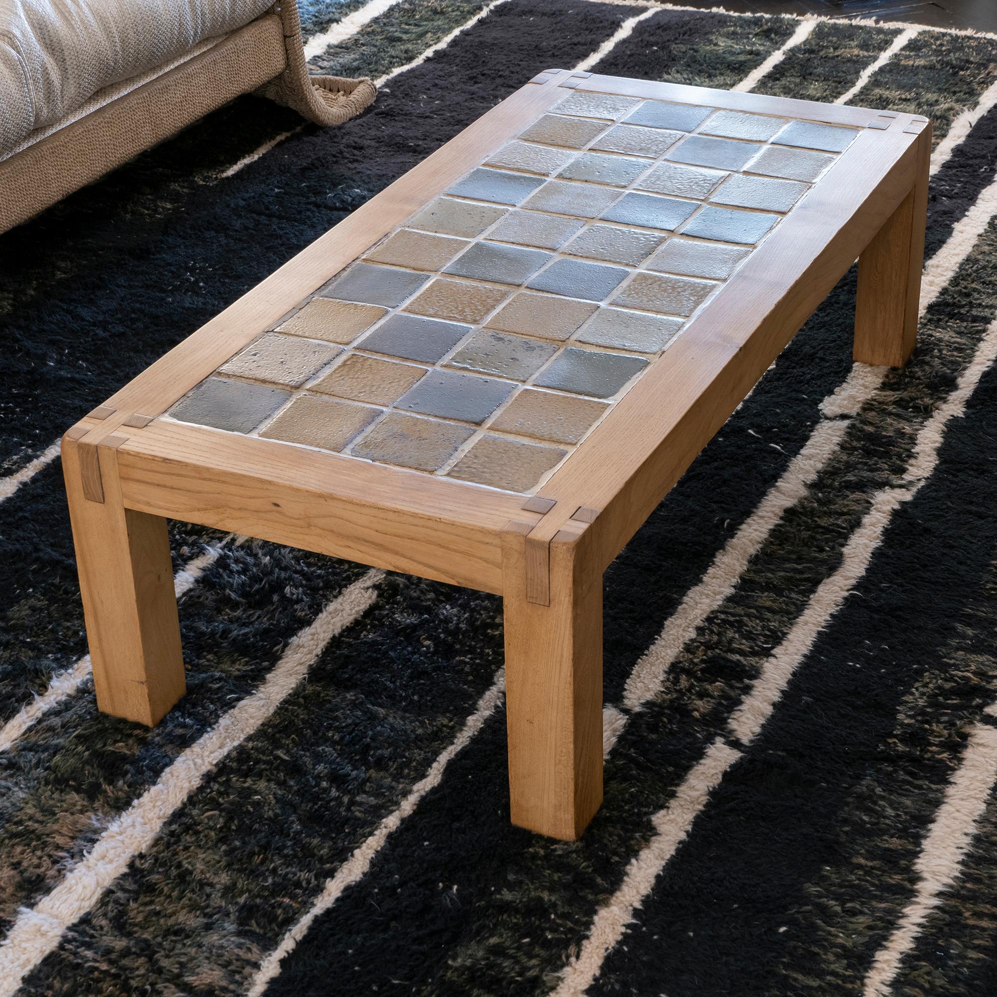 Mid-20th Century French Oak Wood and Multicolor Ceramic Tiles Coffee Table, 1960's Circa