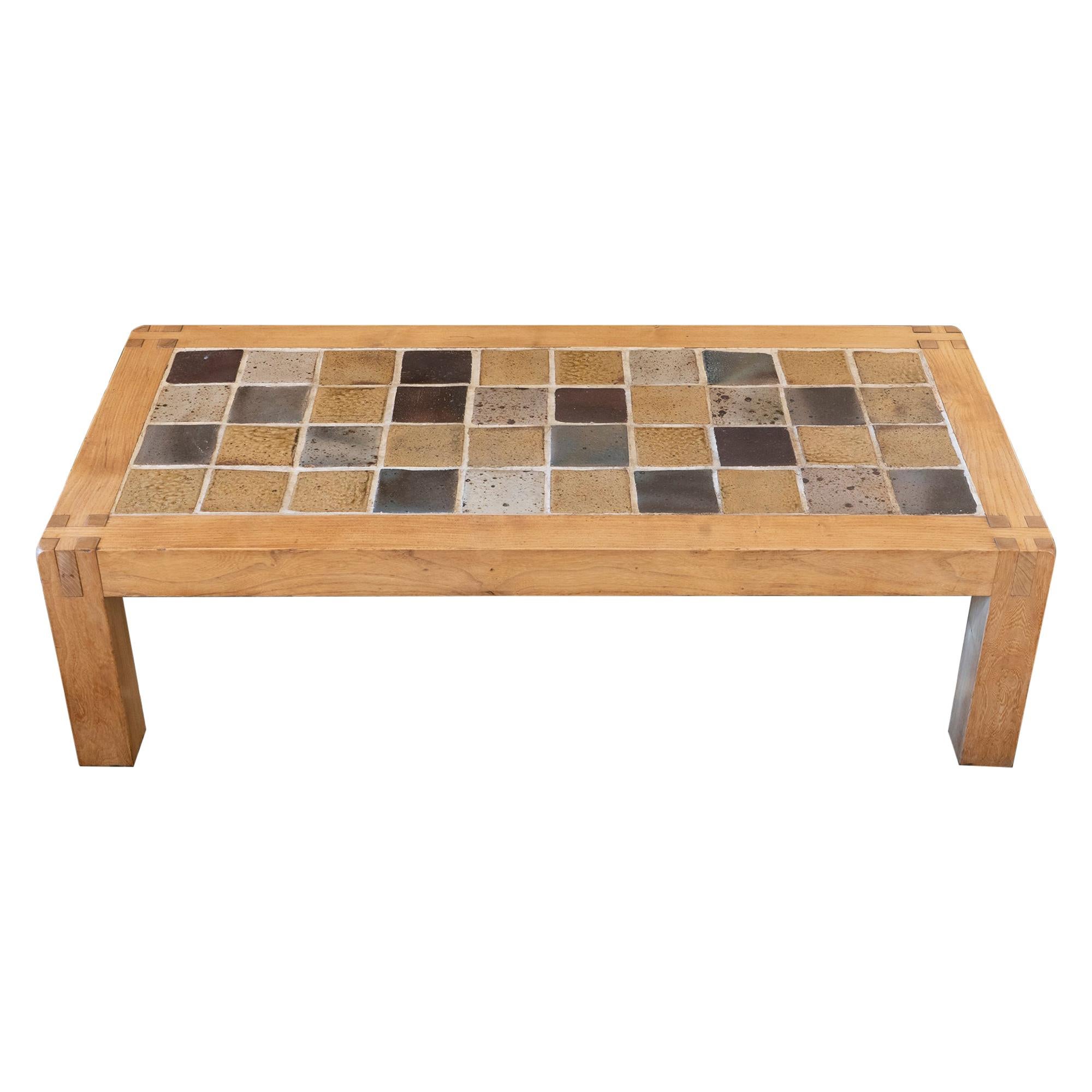 French Oak Wood and Multicolor Ceramic Tiles Coffee Table, 1960's Circa
