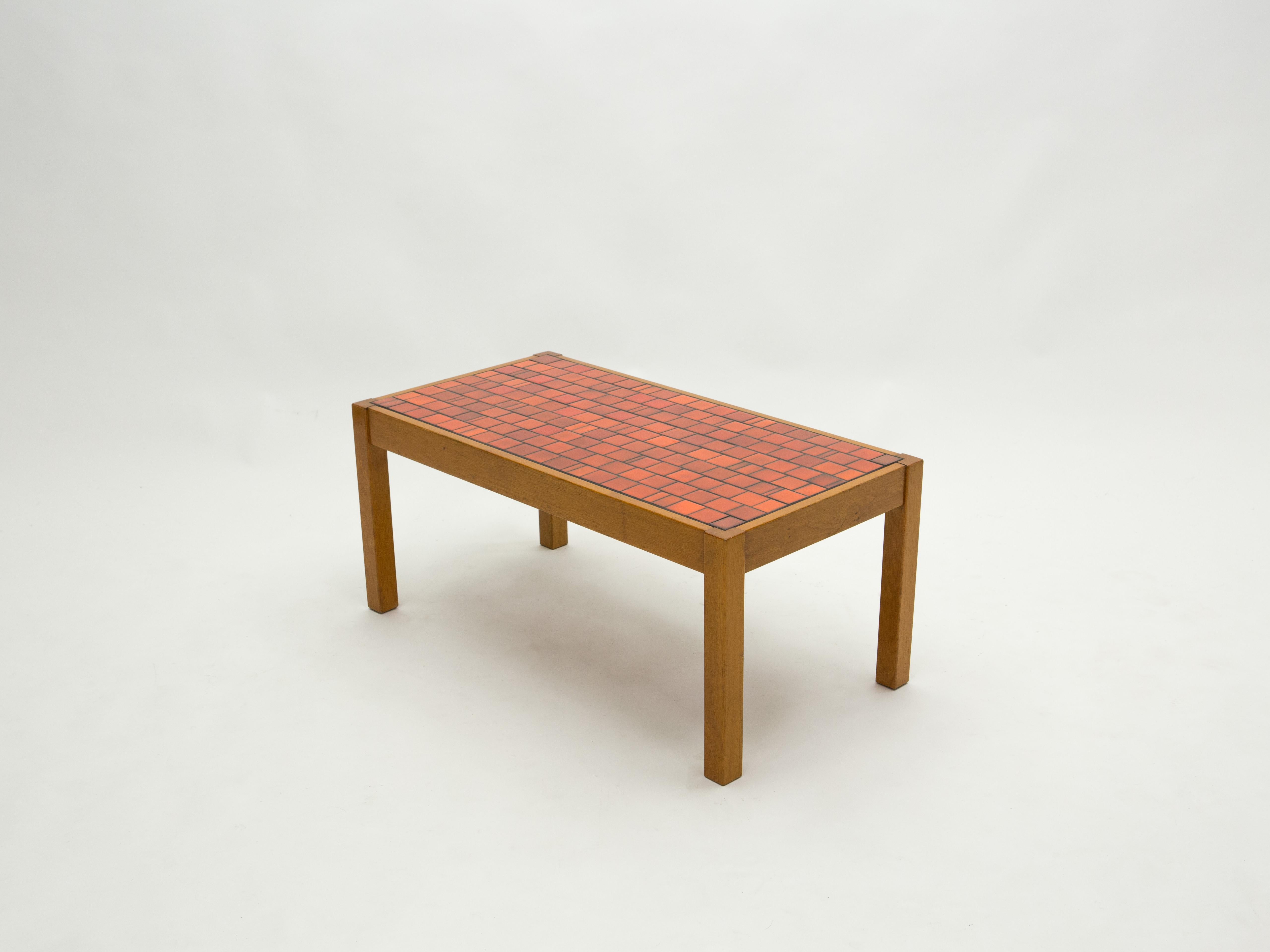 Mid-Century Modern French Oak Wood and Red Ceramic Coffee Table, 1960s