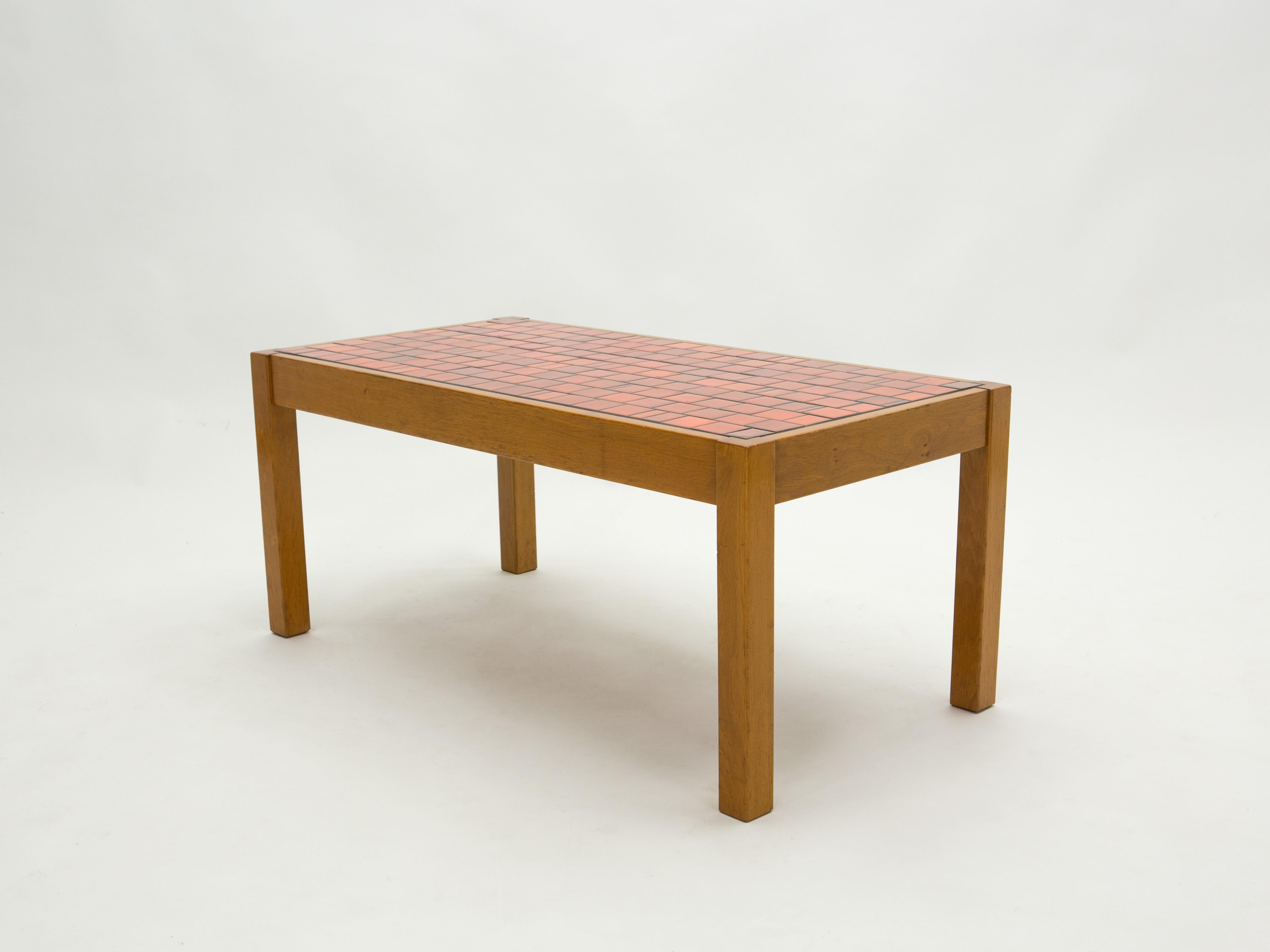 French Oak Wood and Red Ceramic Coffee Table, 1960s In Good Condition In Paris, IDF