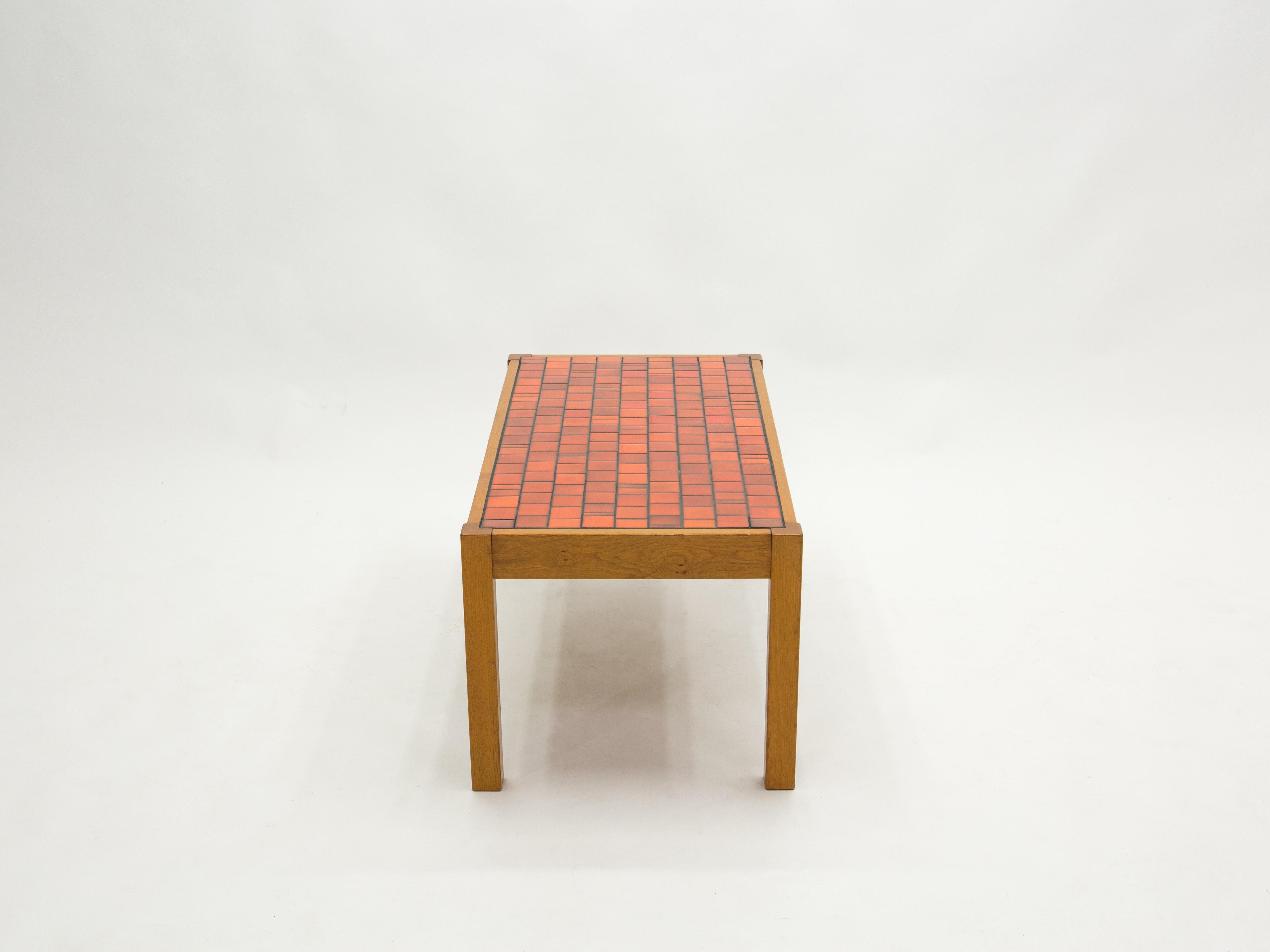 French Oak Wood and Red Ceramic Coffee Table, 1960s 2