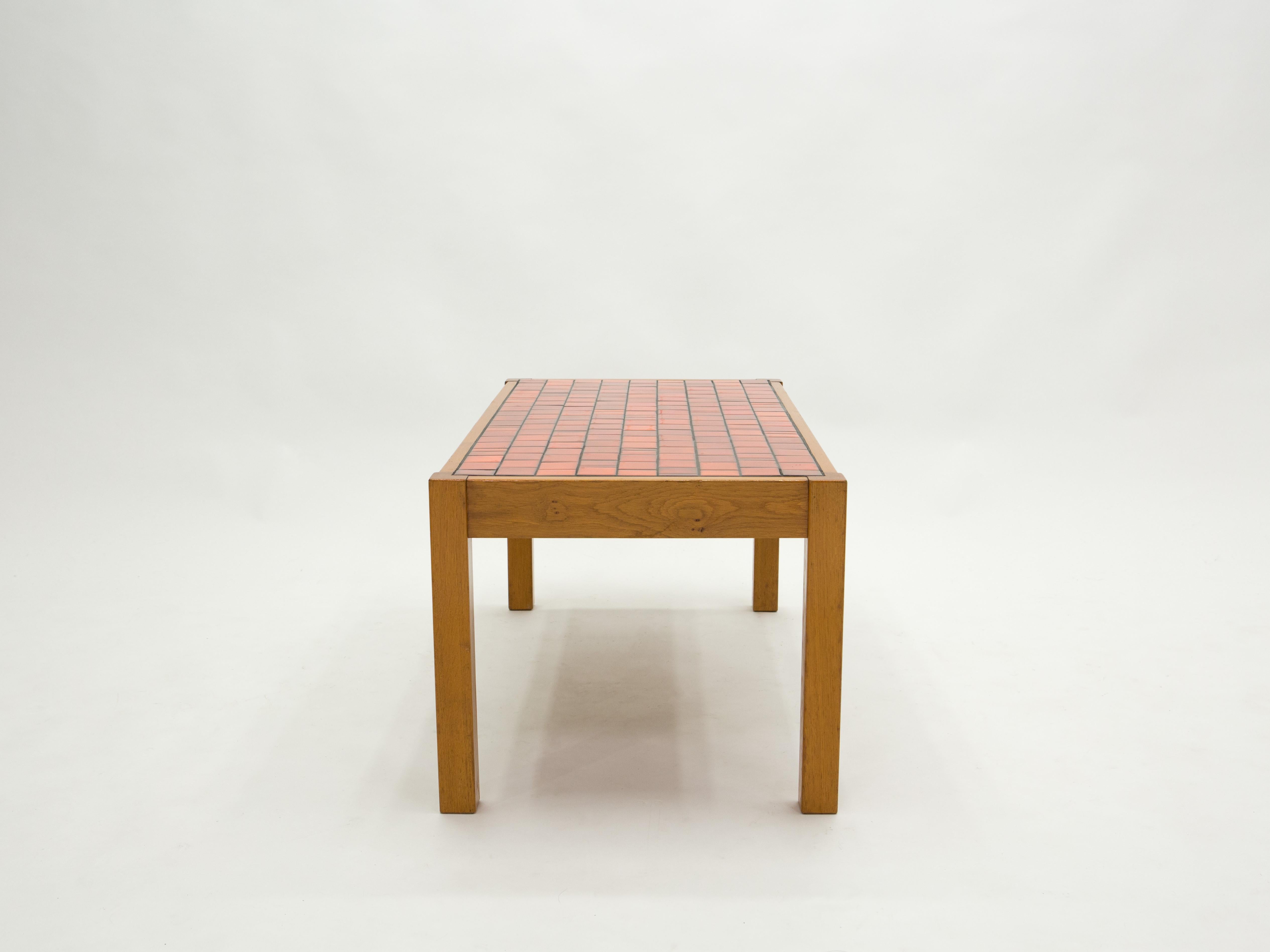 French Oak Wood and Red Ceramic Coffee Table, 1960s 4