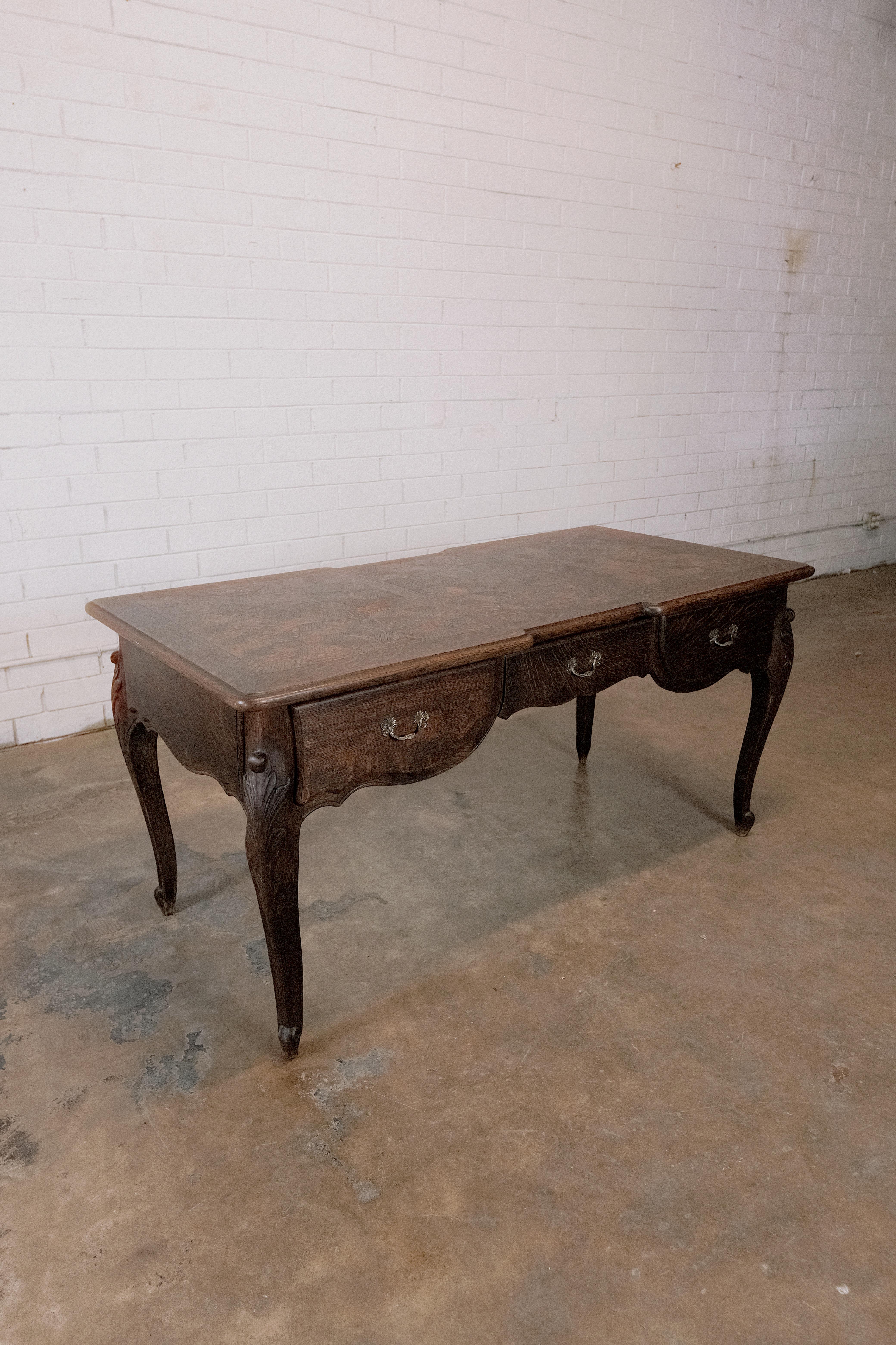 19th Century French Oak Writing Desk with a Parquet Top