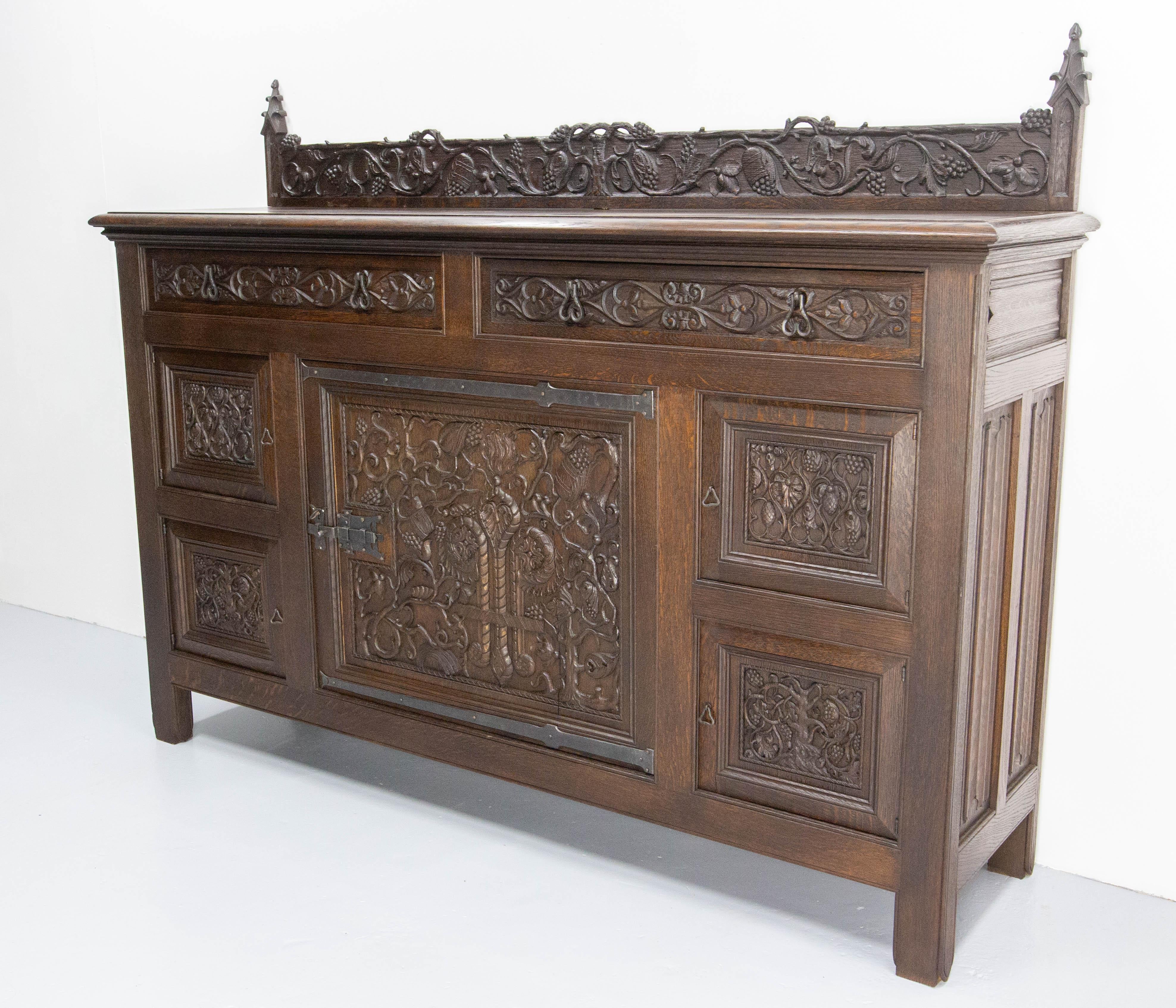 French Oak & Wrought Iron Buffet Neogothic St Tree of Life Theme Early 20th C For Sale 1