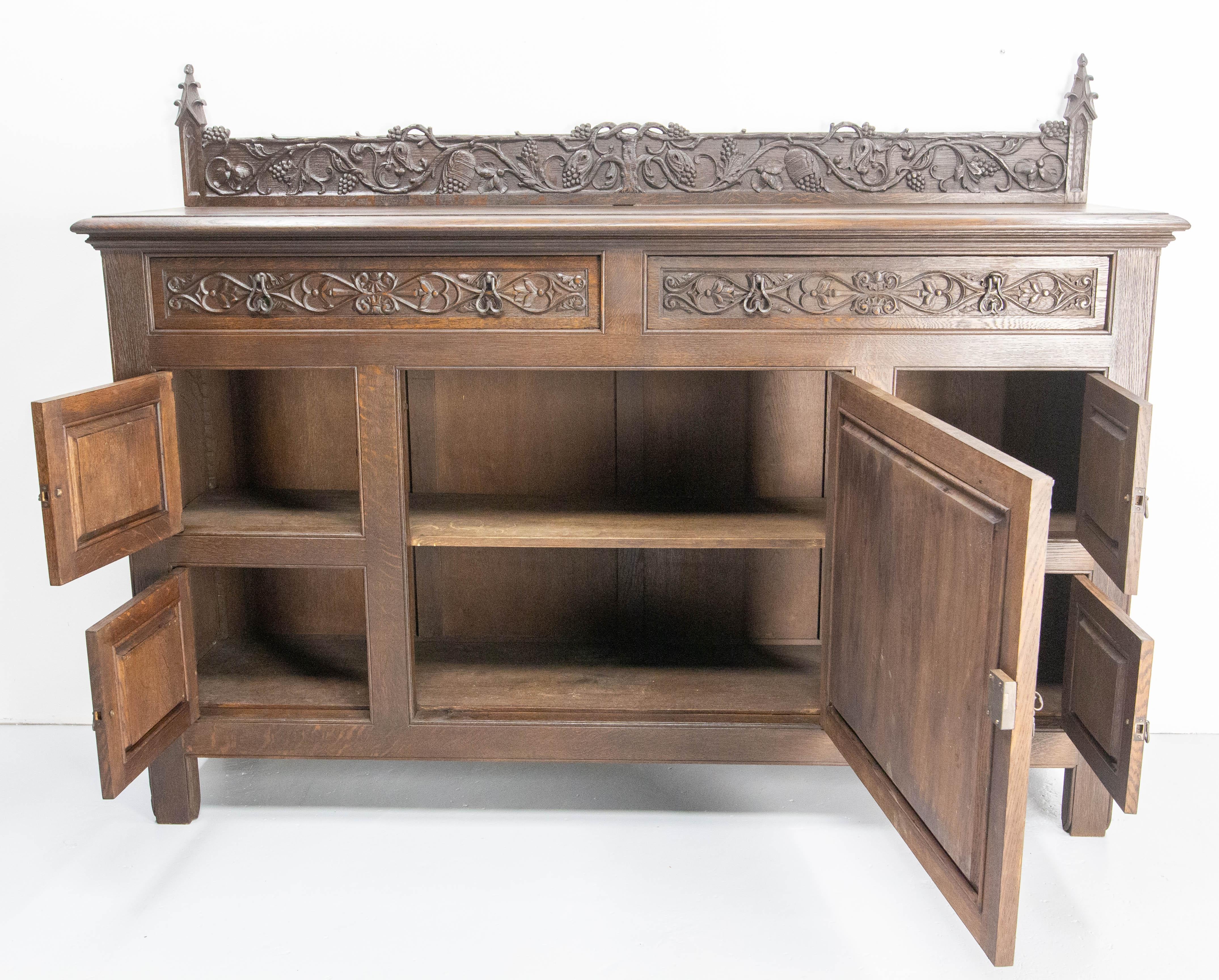 French Oak & Wrought Iron Buffet Neogothic St Tree of Life Theme Early 20th C For Sale 2