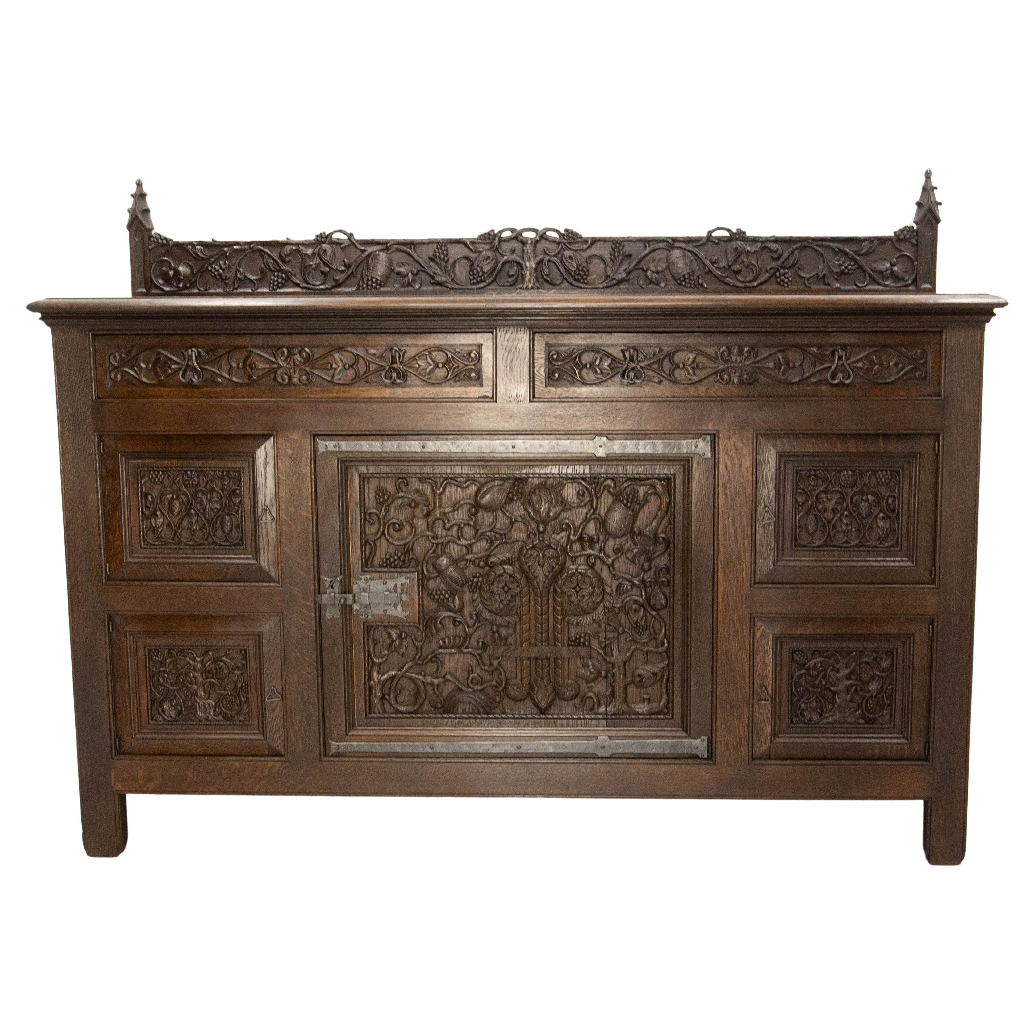 French Oak & Wrought Iron Buffet Neogothic St Tree of Life Theme Early 20th C For Sale