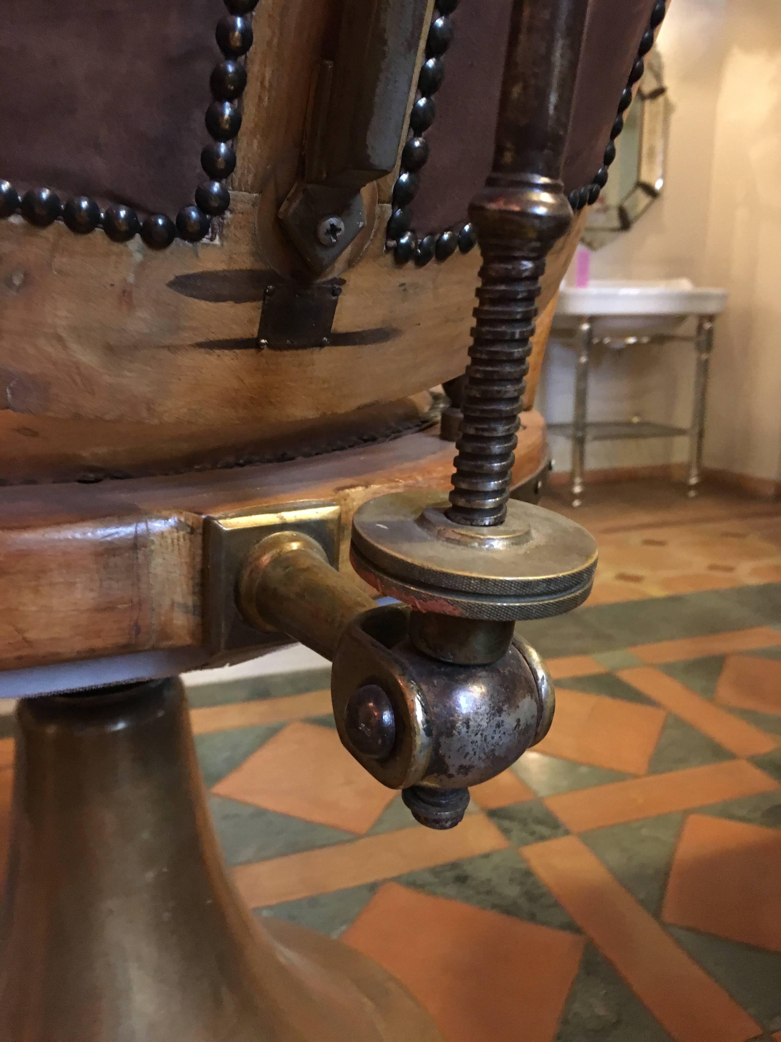 French Oakwood and Leather Barber Chair with Brass Base from 1940s 9