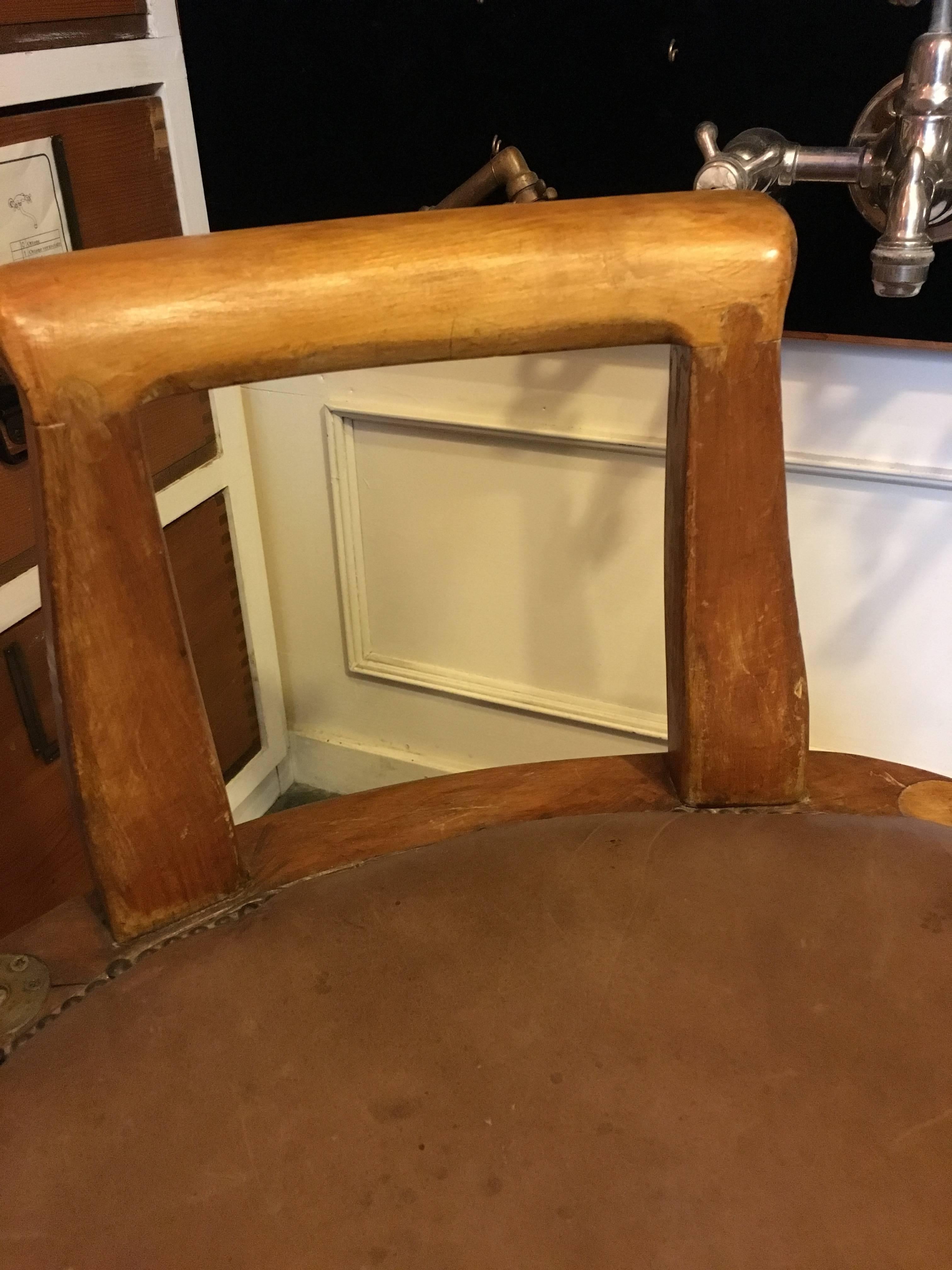 French Oakwood and Leather Barber Chair with Brass Base from 1940s 10